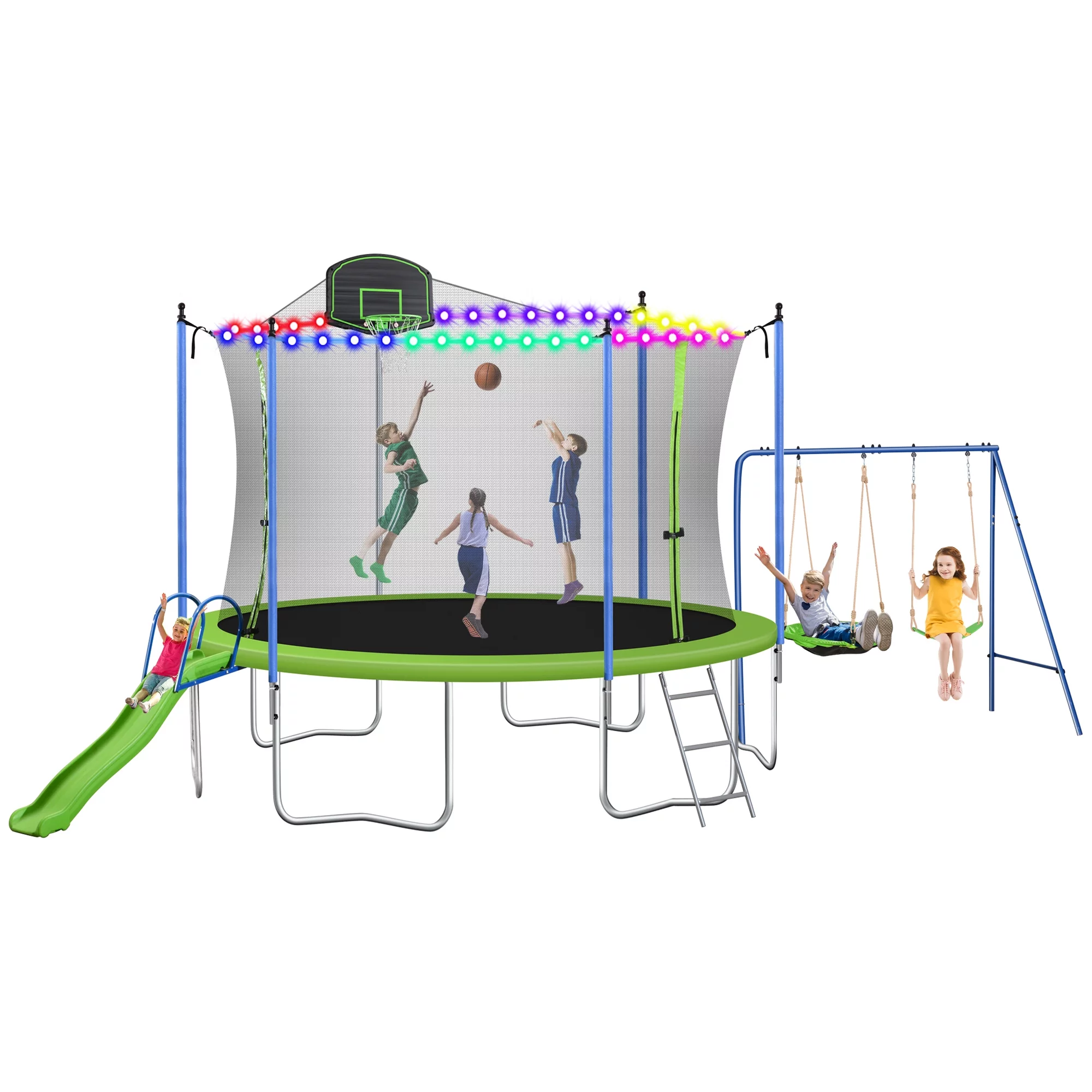 Jump Into Fun 12/14FT Trampoline with Swing and Slide, 1000LBS Capacity 6-8 Kids Trampoline for Adults/Kids, Outdoor Trampoline with Enclosure, Basketball Hoop and LED Light, Recreational Trampoline