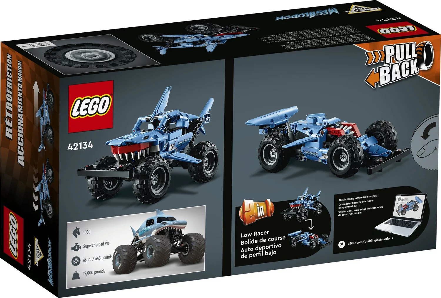 LEGO Technic Monster Jam Megalodon 42134 2 in 1 Pull Back Shark Truck to Lusca Low Racer Car Toy, 2022 Series, Set for Kids, Boys and Girls 7 Plus Years Old