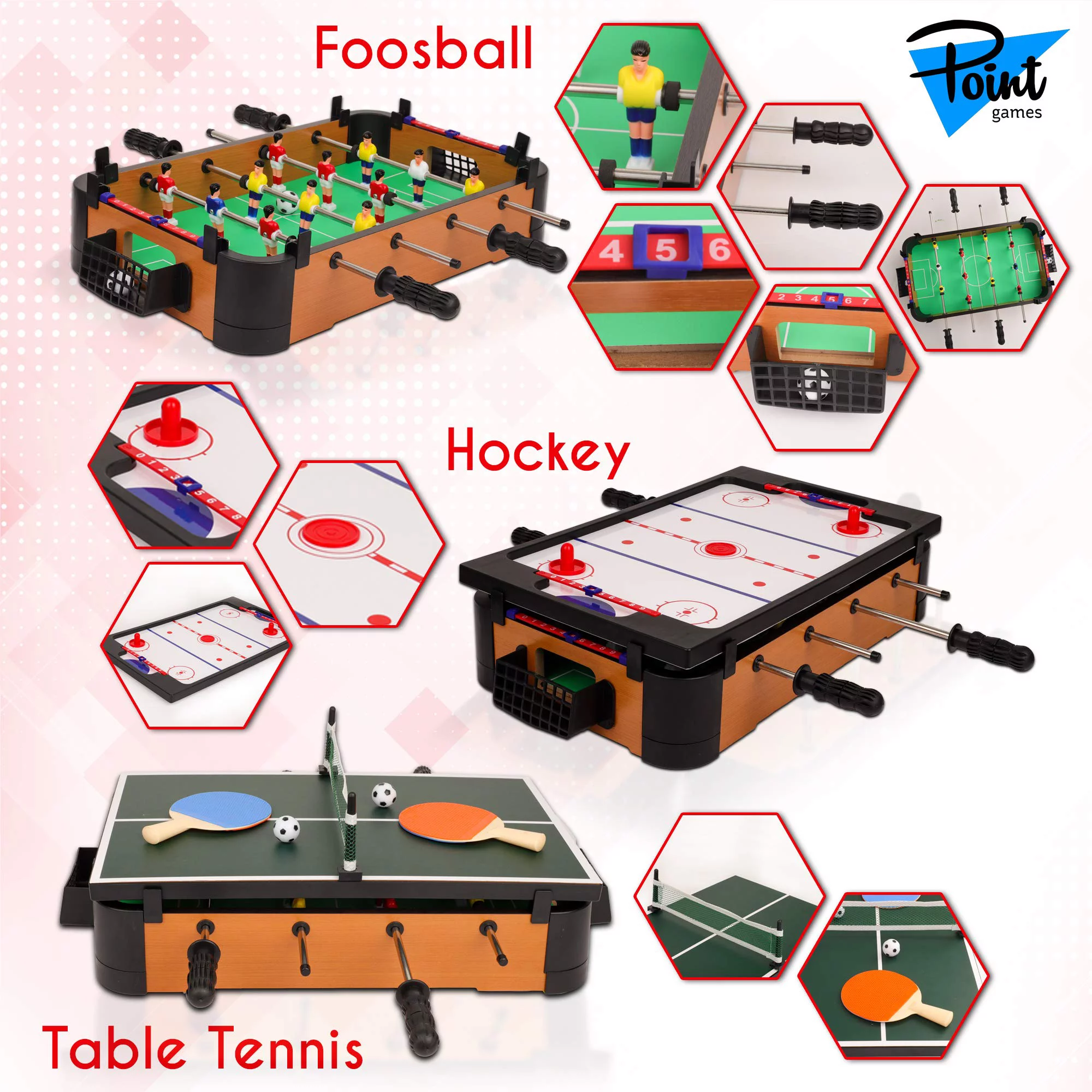 Point Games 3 in 1 Small Multi Game Set, Foosball, Air Hockey, Table Tennis – Portable Mini Arcade Table for Easy Carry – Perfect Arcade Gift for Children – Recommended Age 3+