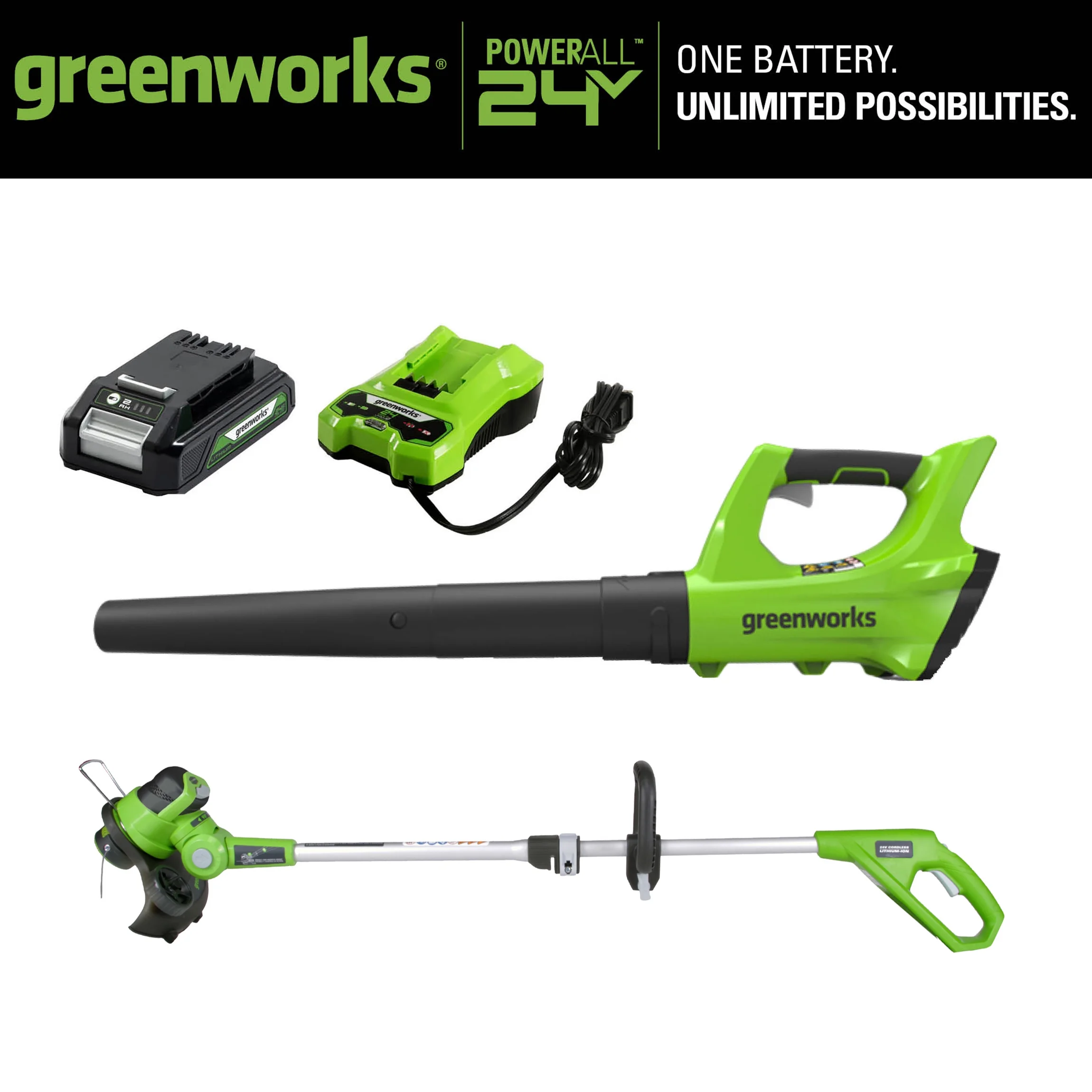 Greenworks 24V Cordless String Trimmer and Blower Combo, 2Ah Battery and Charger Included