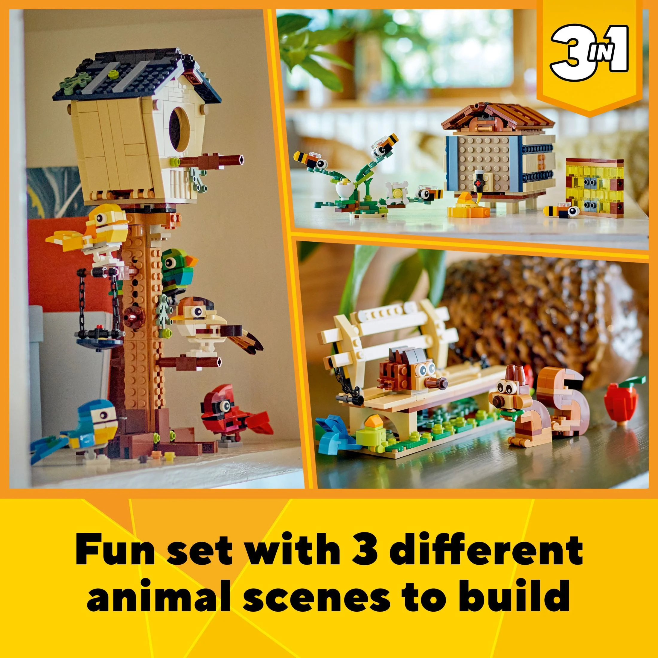 LEGO Creator 3in1 Birdhouse 31143, Birds to Hedgehog to Beehive Set, Forest Animal Figures, Building Toys for Kids Ages 8 Years and Over, Colorful Toy Set, Gift Idea