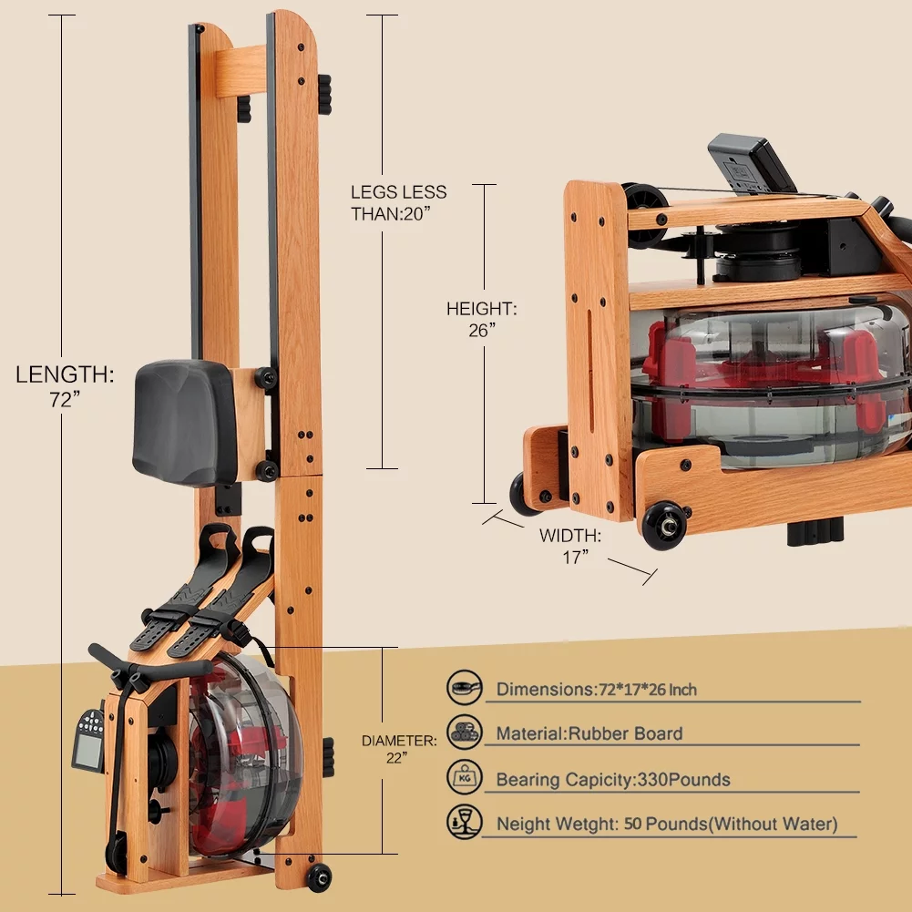 Water Rowing Machine for Home Use, Classic Solid Wood Rower Machine with Bluetooth Monitor