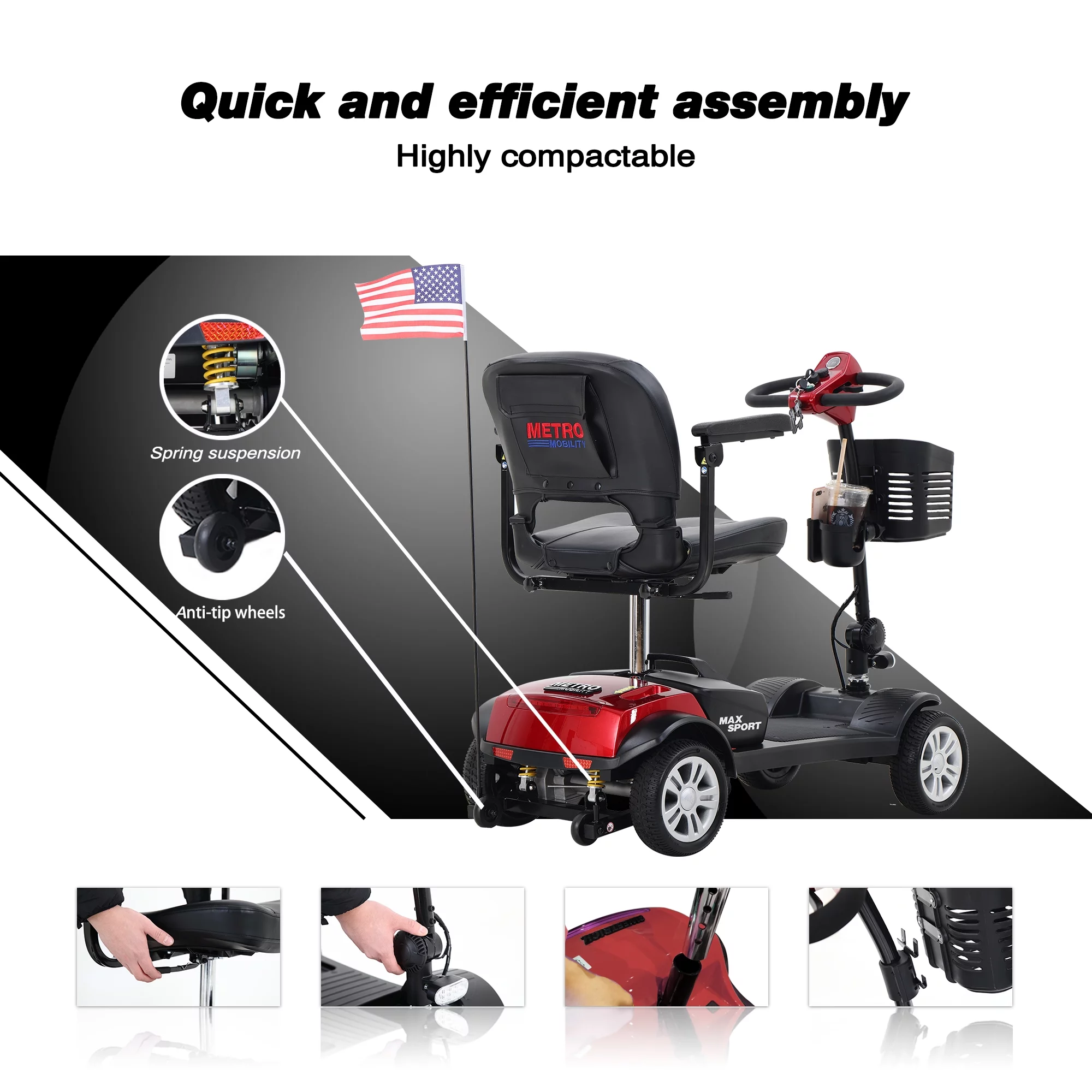 Mobility Scooters for Seniors, Heavy Duty Handicap Electric Scooters with 4 Wheel, Lightweight Compact Motorized Scooter with Headlights, Outdoor Power Scooter with Anti-Tip Wheels