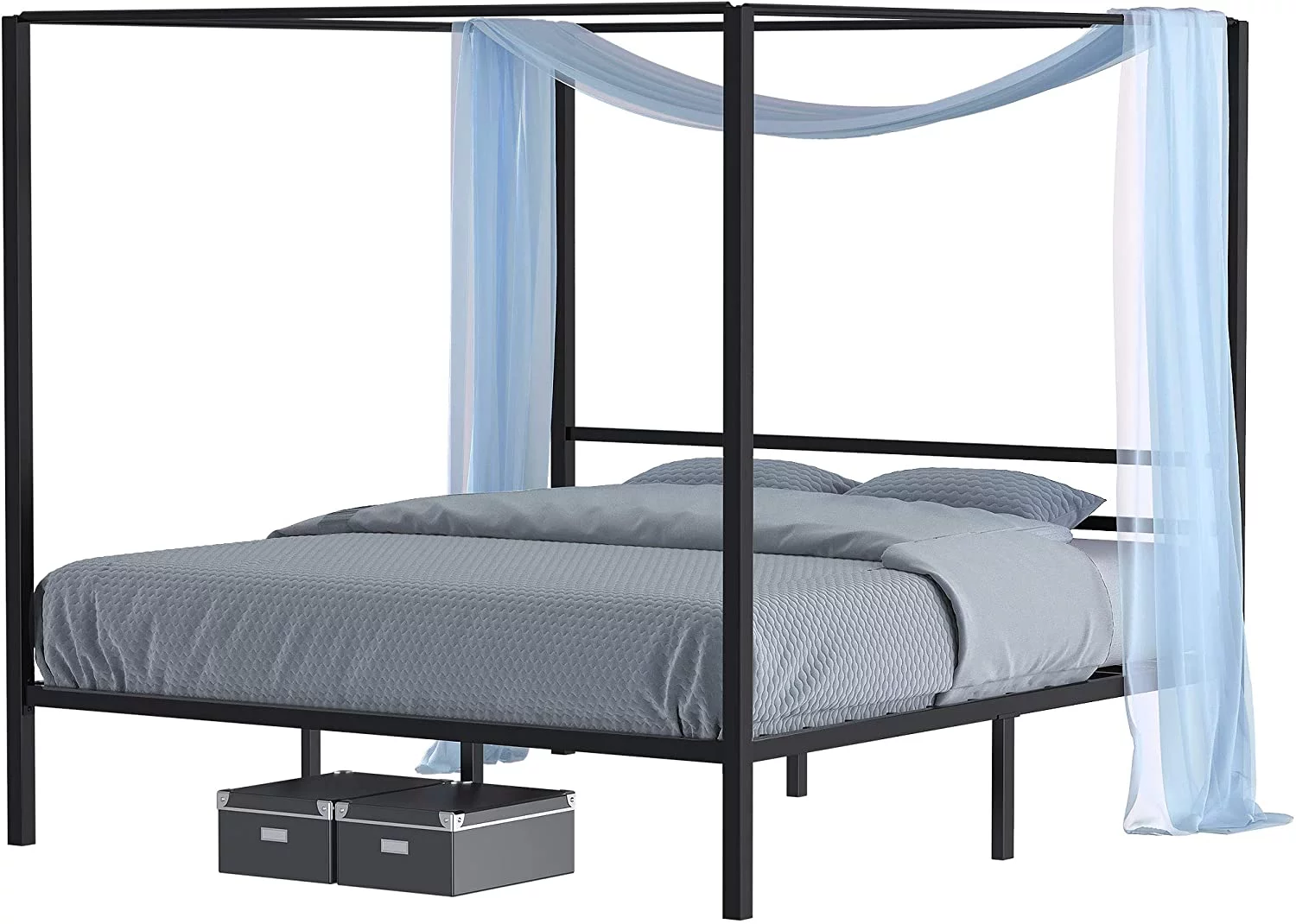 Dextrus Metal Canopy Bed Frame 14″ Platform with Headboard Strong Metal Slat Support Mattress Foundation, No Box Spring Needed, Black, Queen Size