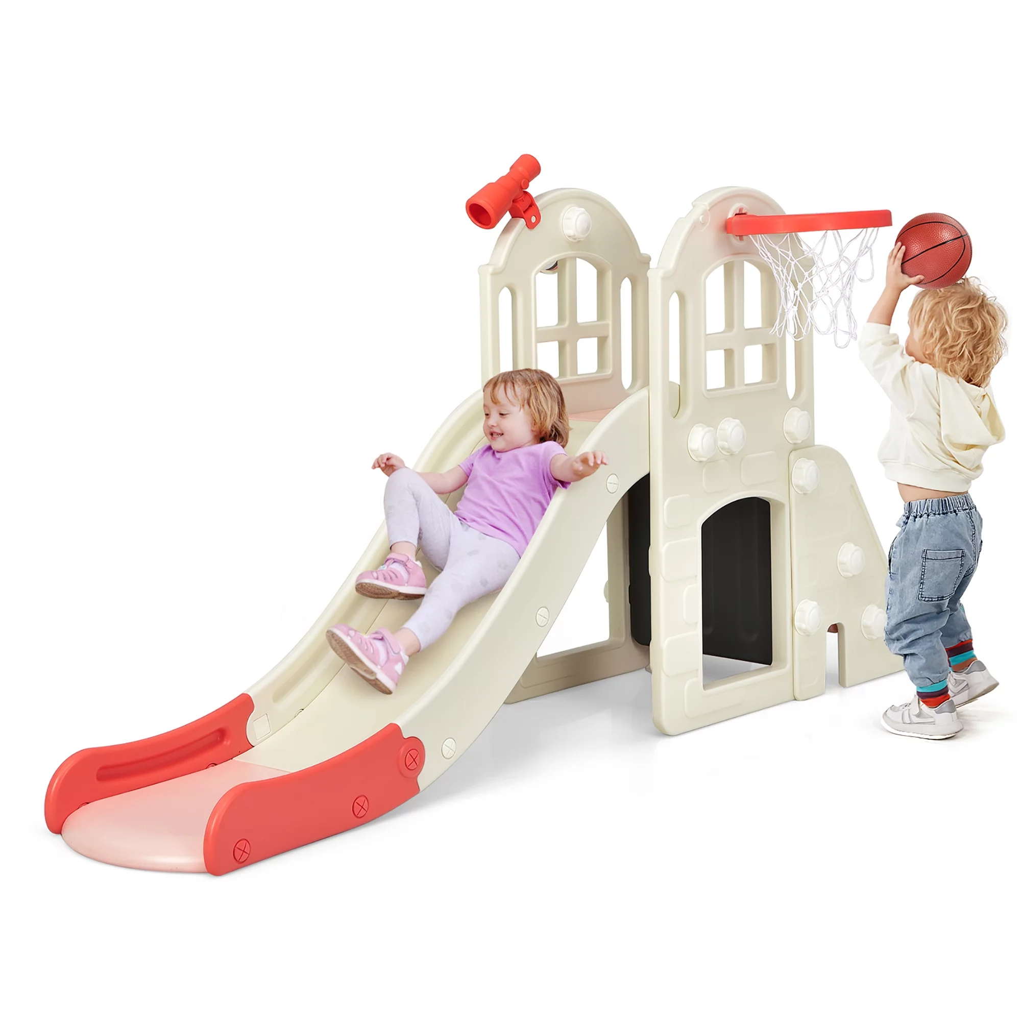 Costway 6-In-1 Large Slide for Kids Toddler Climber Slide Playset w/ Basketball Hoop Pink