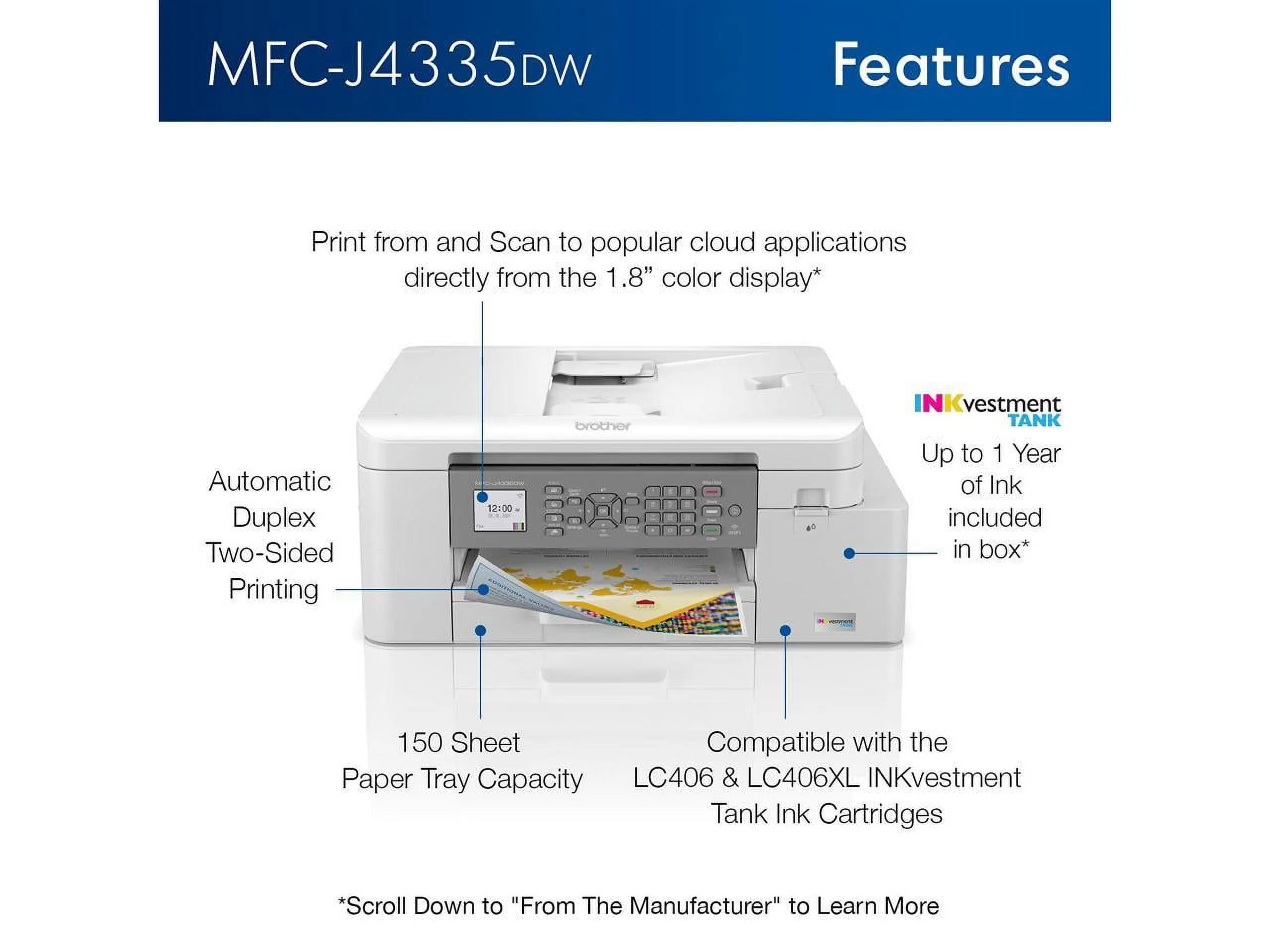 Brother MFC-J4335DW INKvestment Tank All-in-One Color Inkjet Printer with Duplex and Wireless Printing plus Up to 1-Year of Ink In-box