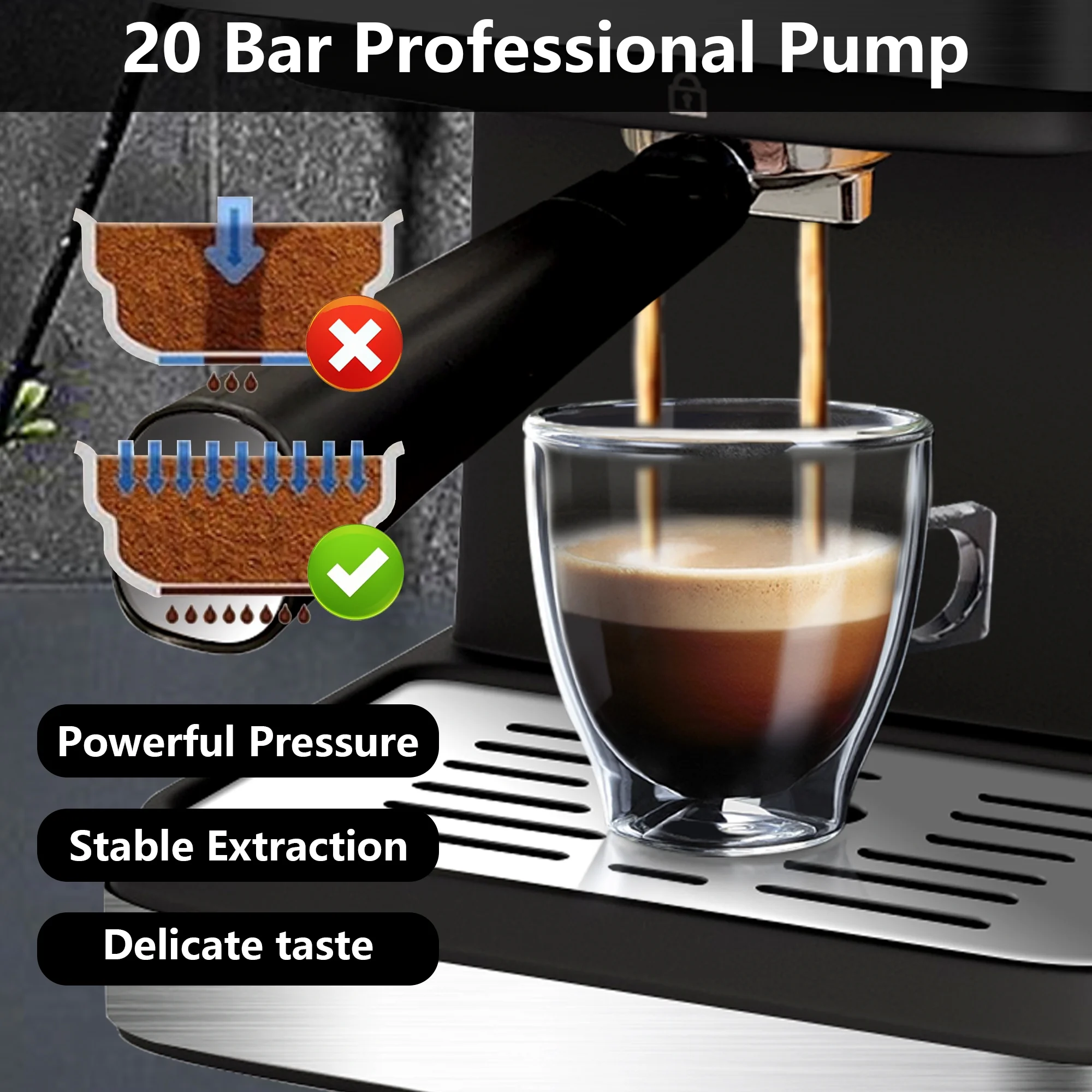 Espresso Machine 20 Bar, 1.5L Water Tank Milk Frother Steam, Stainless Steel Coffee Maker, Silver