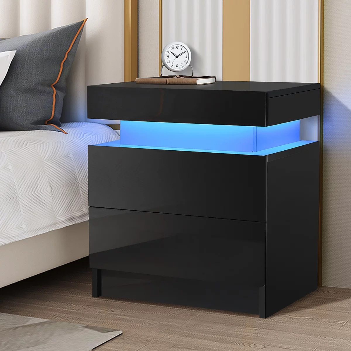 Hommpa 2 Drawer Modern Nightstand with RGB LED Light High Gloss Bedside Tables for Bedroom White