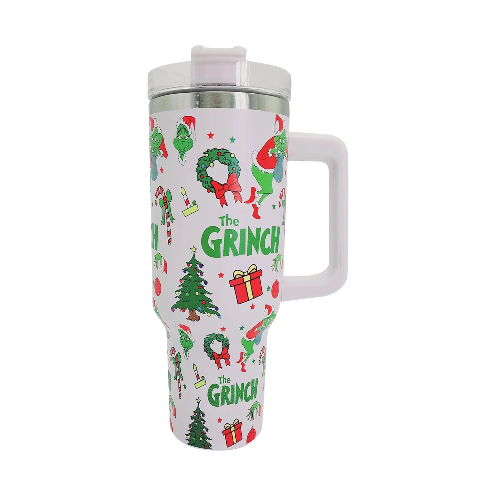 40 oz Tumbler with Handle and Lid, Grinch Tumbler Cup, Stainless Steel Grinch Cup Reusable Insulated Cup and Water Tumbler Cup with Grinch Pateern, Best Christmas Gifts for Car Cup Holder,Travel,Gym