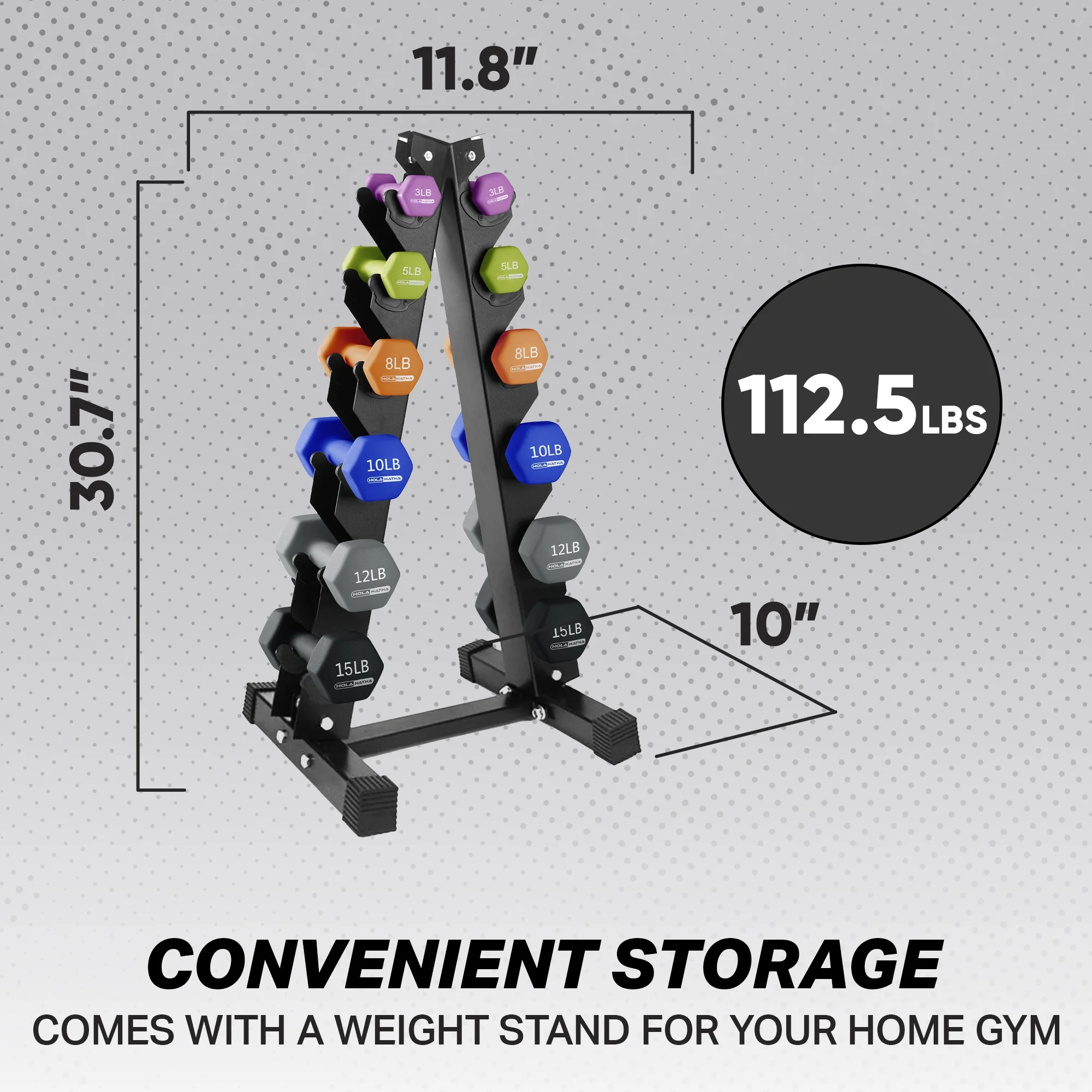 HolaHatha 3, 5, 8, 10, 12 & 15 Pound Neoprene Dumbbell Weight Set with Rack