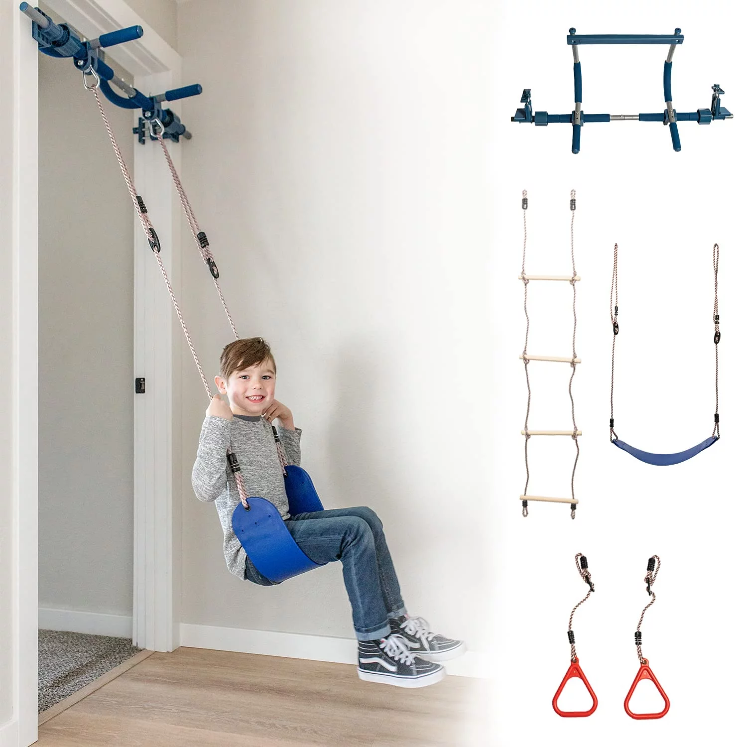 Gym1 – Deluxe Indoor Doorway Gym for Kids Playground Set – All in One Gym Set – Four Ways of Fun: Blue Indoor Swing, Plastic Rings, Climbing Ladder, and Pull Up Bar