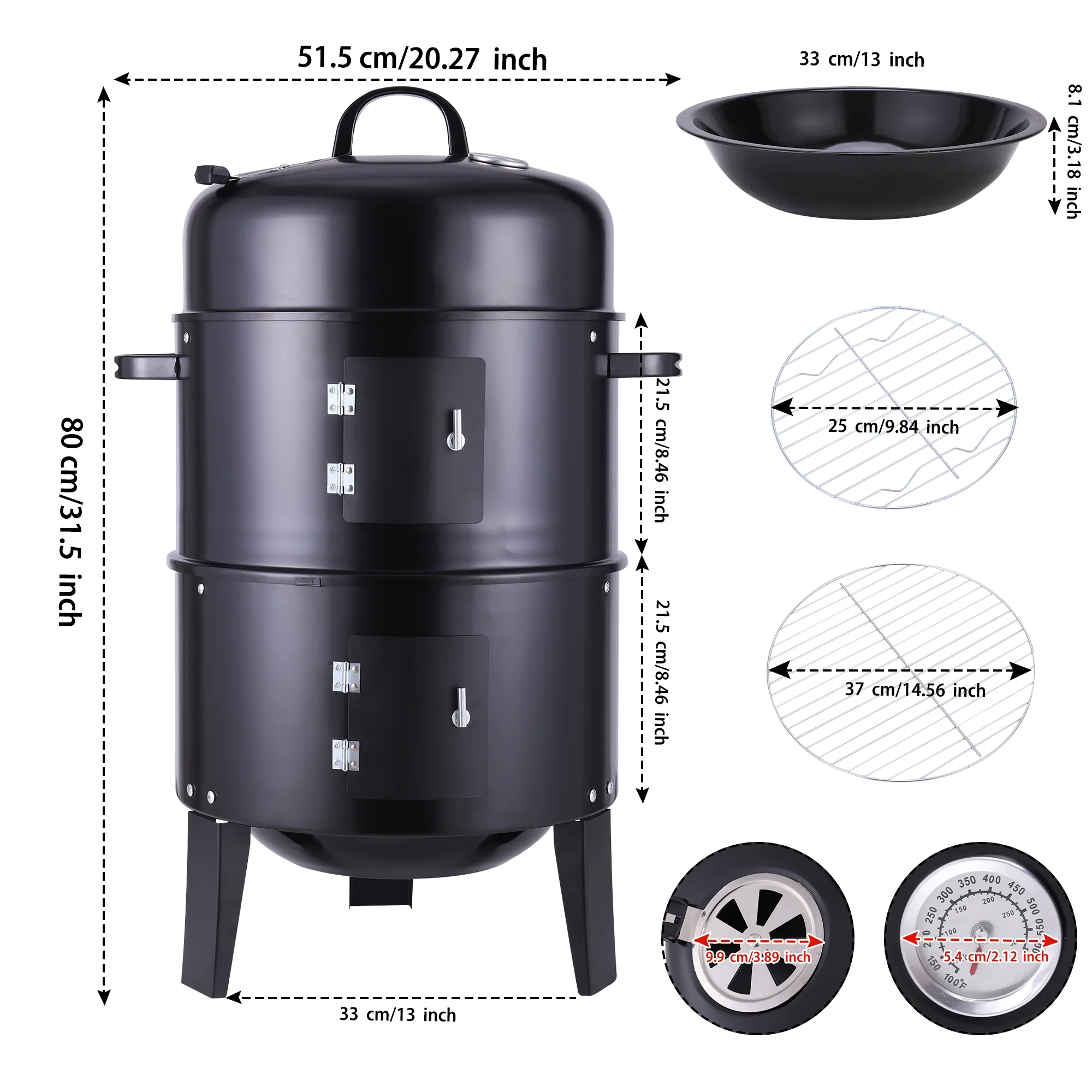 SAYFUT 3-in-1 Vertical Multi-Layer Steel Charcoal Smoker Heavy Duty Round BBQ Grill for Outdoor Cooking Charcoal Grill with Thermometer Outdoor Home Party