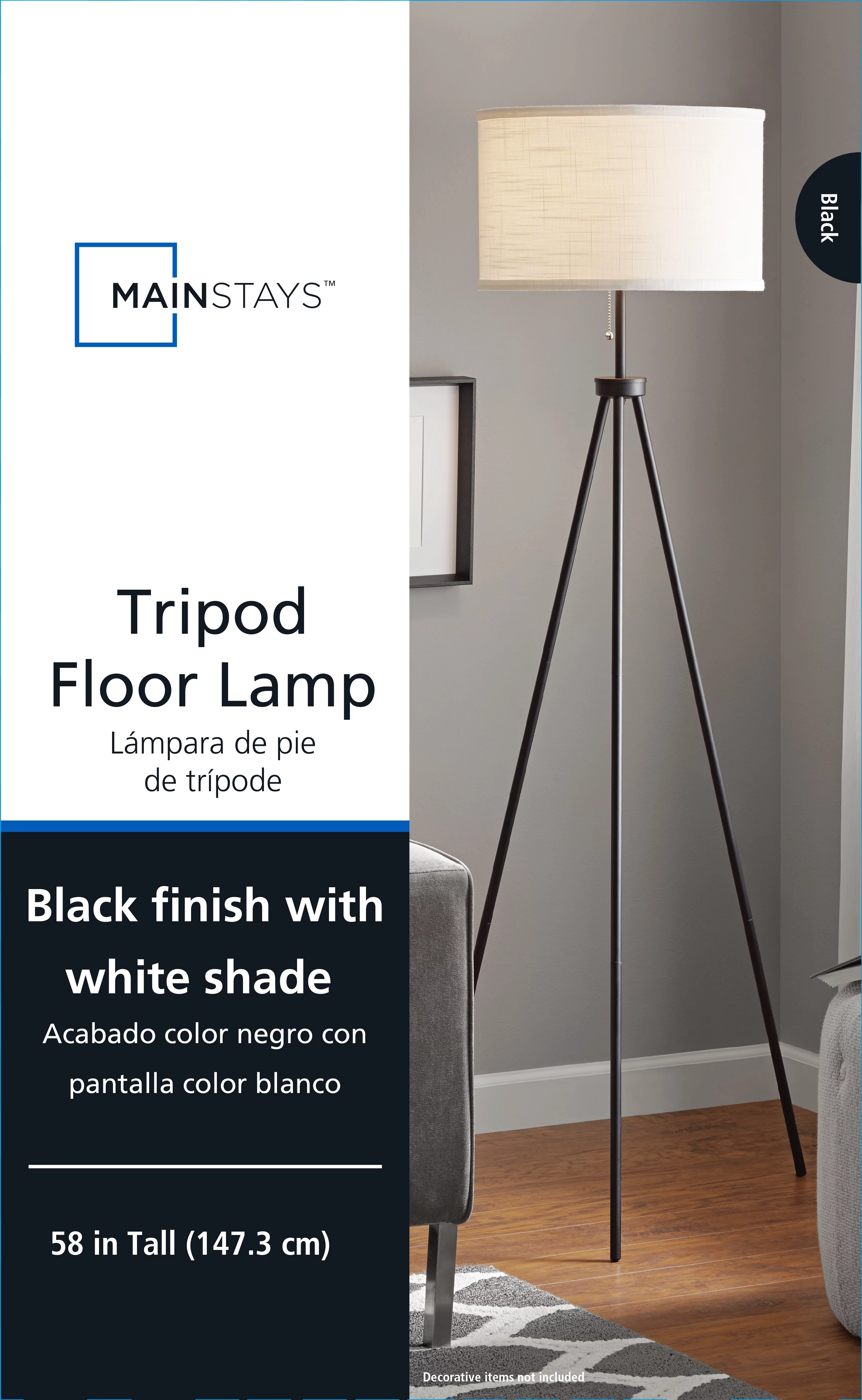 Mainstays 58″ Black Metal Tripod Floor Lamp, Modern, Young Adult Dorms and Adult Home Office Use.