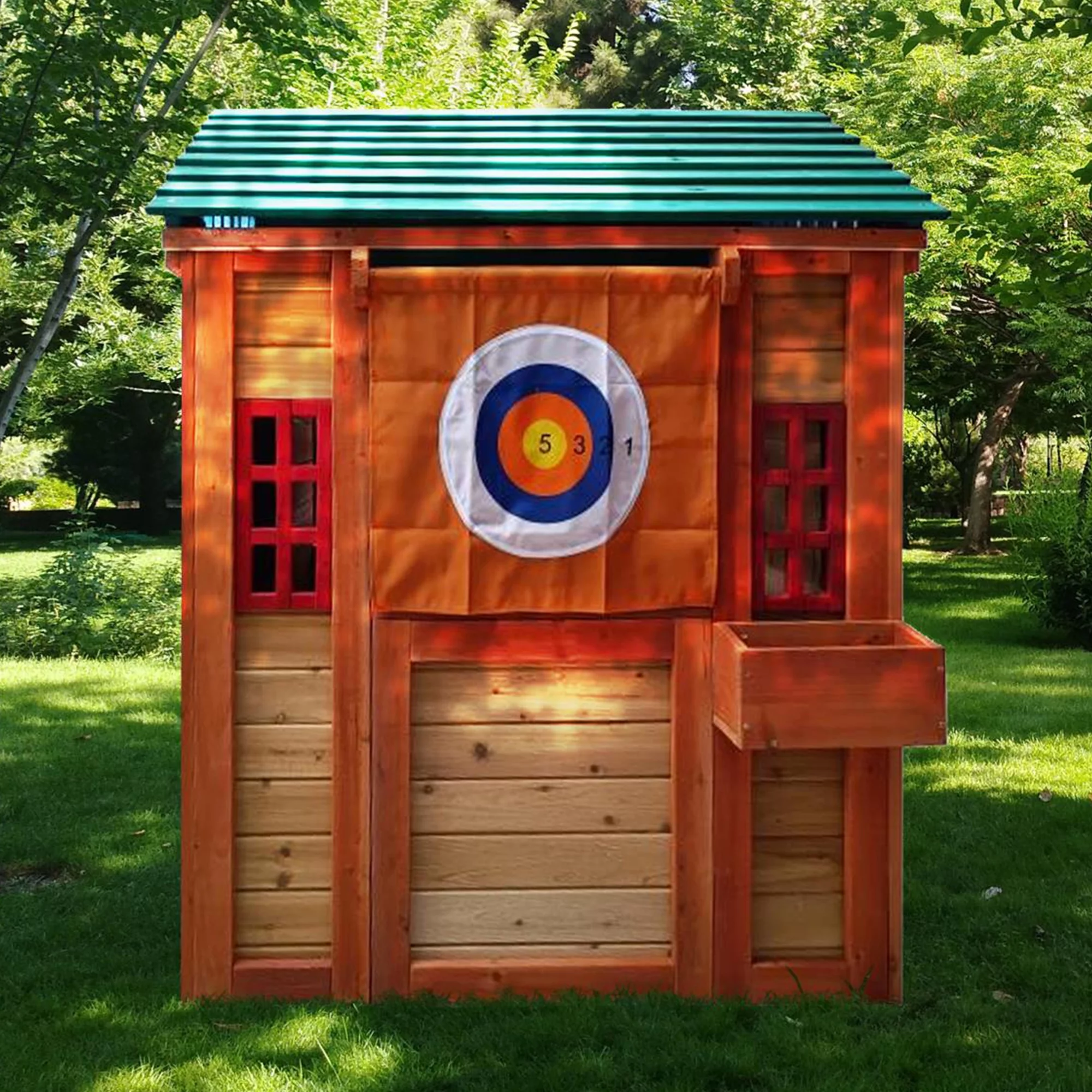 CIPACHO 64″ Outdoor Playhouse for Kids Solid Wooden 4-in-1 Game House Garden Play House with Different Games on Every Surface, Orange