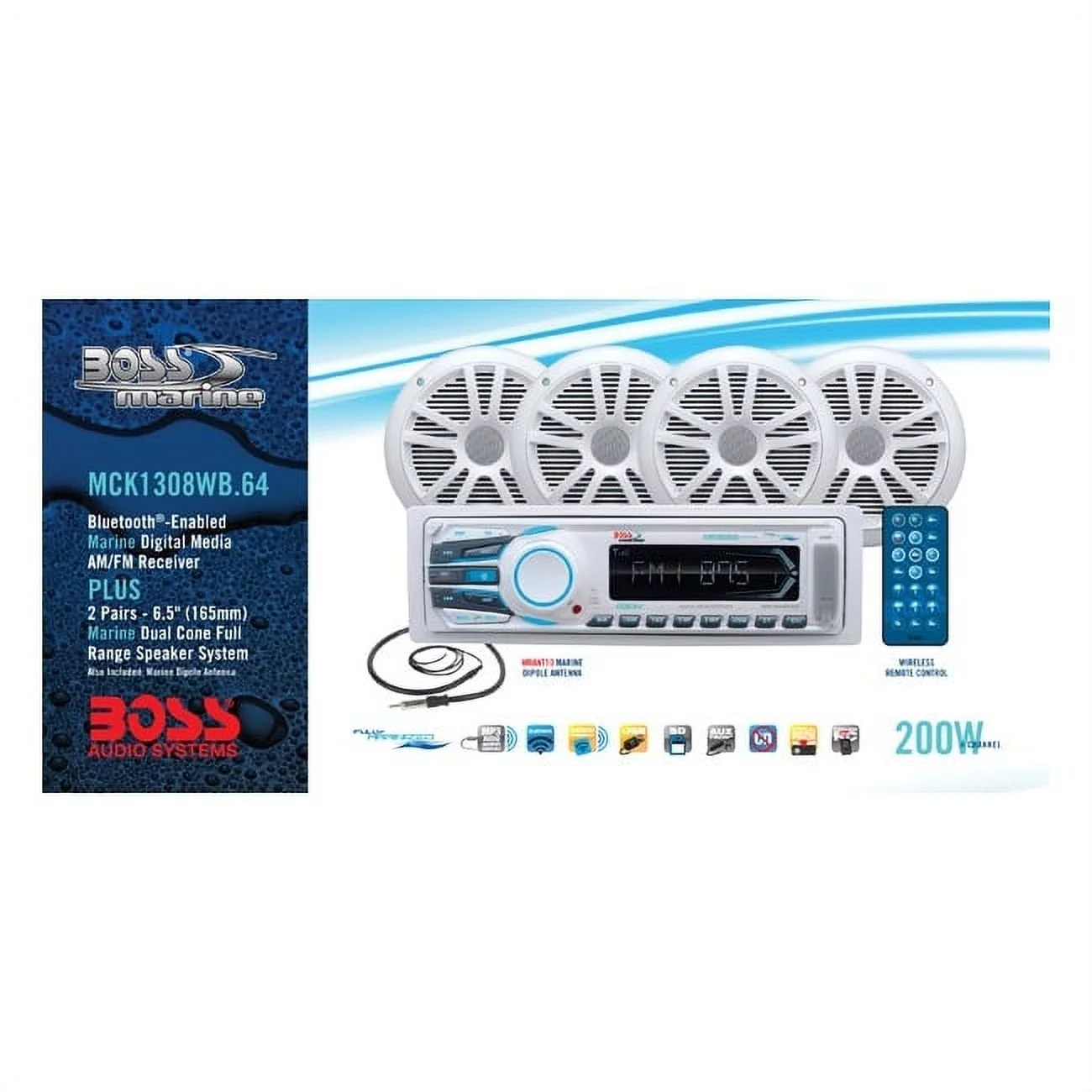 Boss Audio System Single DIN AM, FM, CD Receiver with 6.5 In. Marine Speakers and Antenna, White, Boat Accessories