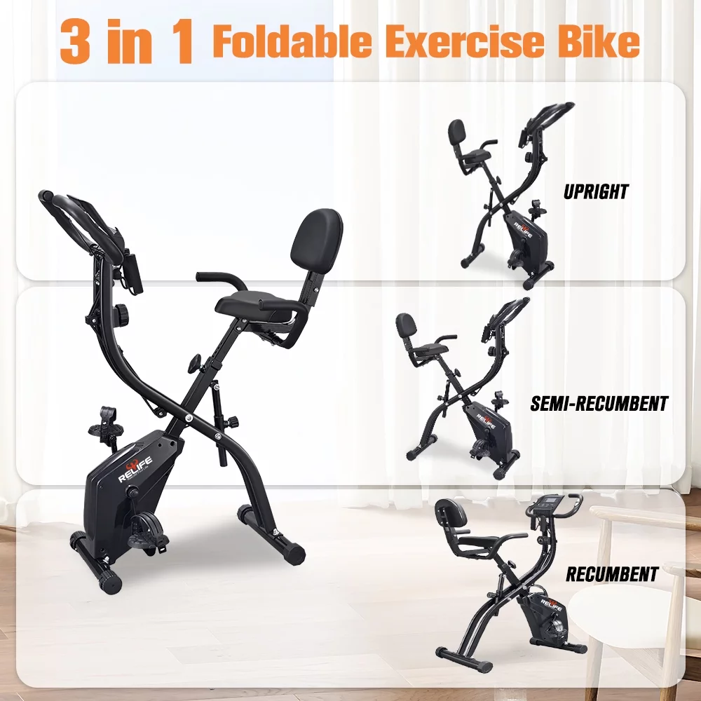 Relife Folding Exercise Bikes 3-in-1 x-Bike Indoor Portable Exercise Bikes, Foldable Stationary Bike with Arm Resistance Band, 53″x16″x9″