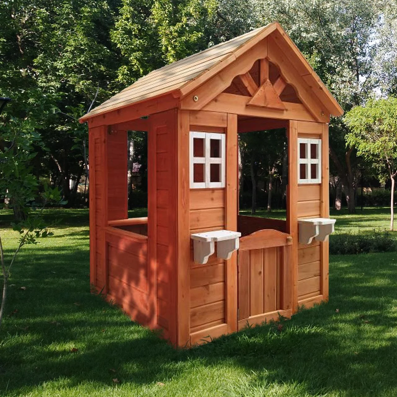 iRerts Kids Playhouse, 4-in-1 Outdoor Playhouse for Age 3-8 Years Boys Girls, Wooden Cottage Playhouse with Door, Windows, Flowerpot Holder and 4 Games, Play House for Outdoor Garden Lawn Patio Yard