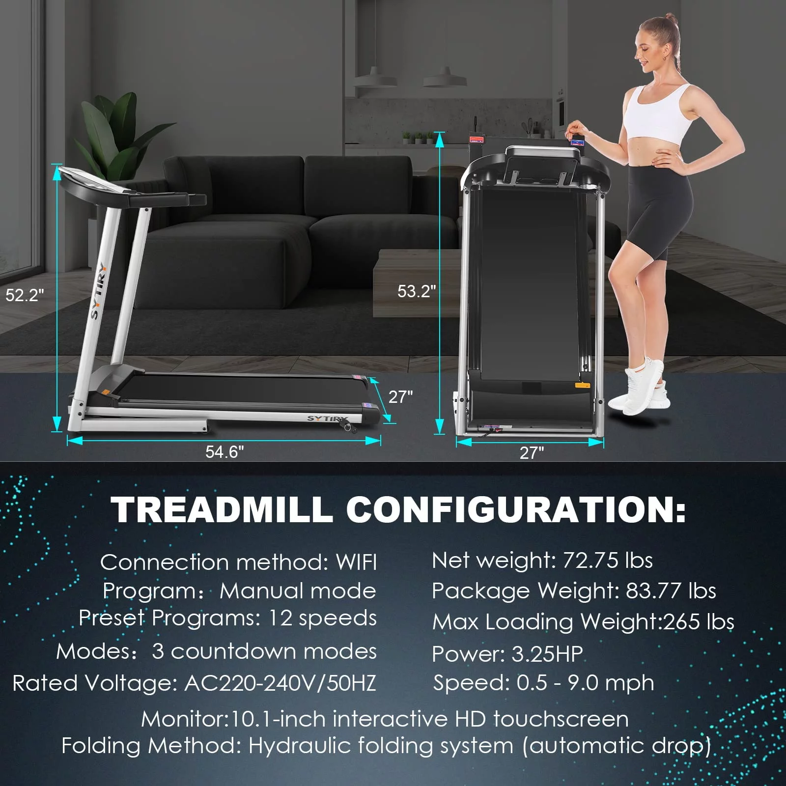 SYTIRY 10″ HD TV Movie Touchscreen Treadmill with 3D Virtual Sports Scene, 3.25HP Folding Running Machine with Incline, Folding Treadmill with 300lb Weight Capacity for Home, Gym, Office