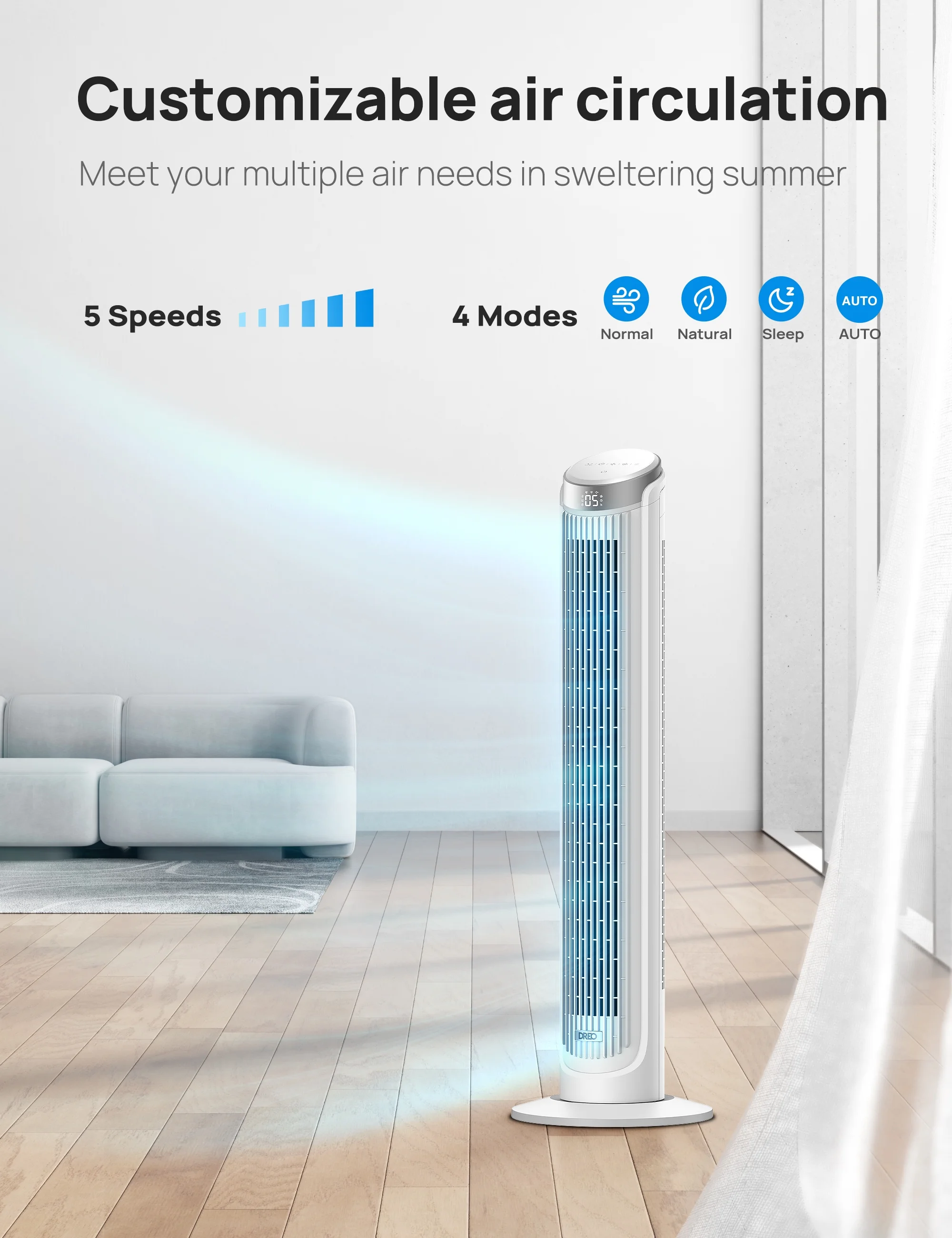 Dreo Tower Fan for Home 40 Inch, 90?? Oscillating Bladeless Fan with Remote, 5 Speeds, 4 Modes, 12H Timer, LED Display with Touch Control, Quiet Floor Fan for Bedroom, White