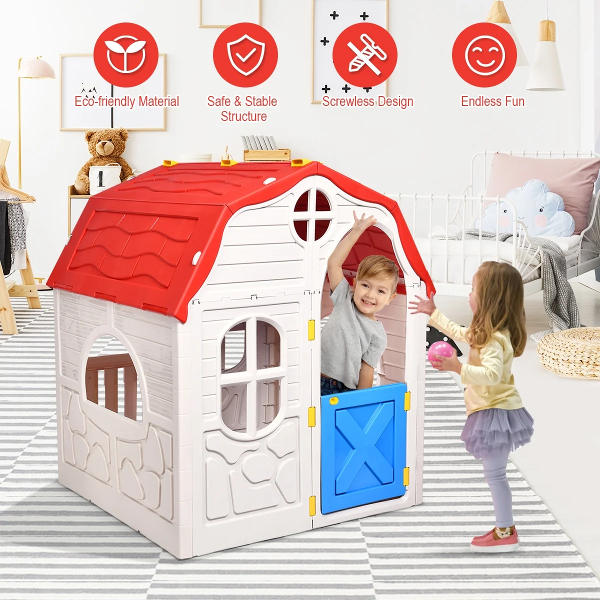 Costway Kids Cottage Playhouse Foldable Plastic Play House Indoor Outdoor Toy Portable