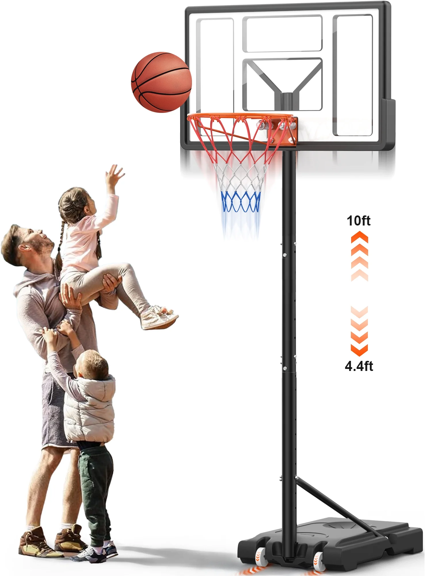 Jorocks 44″ Basketball Hoop, 4.4-10ft Height Adjustable Portable Basketball Goal System with Shatterproof PVC Backboard and 18″ Rim, Kids Adults Basketball Court Indoor Outdoor