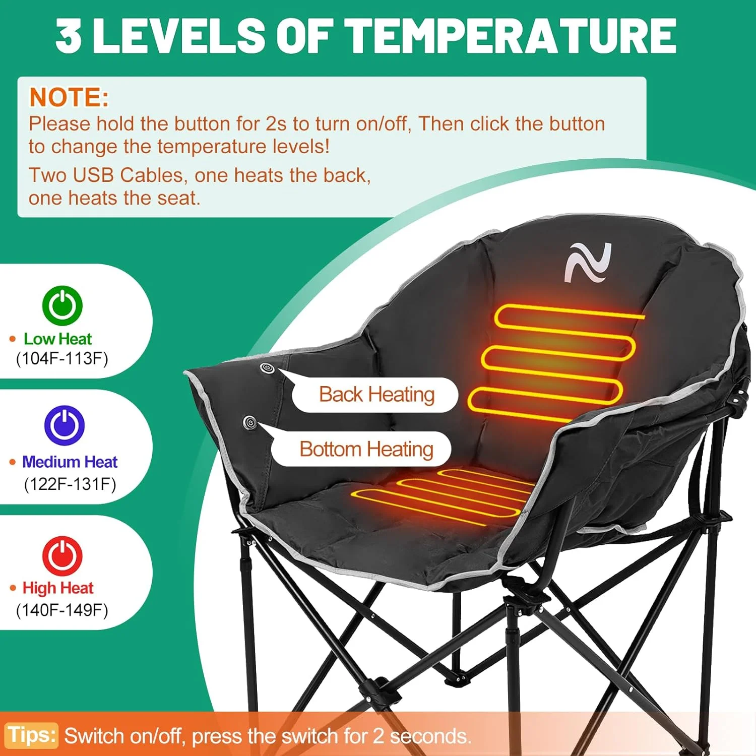 ABORON Oversized Heated Camping Chair, Outdoor Portable Heated Folding Chairs, Patio Lounge Chairs with 3 Heat Levels, Heating Chair for Outdoor Sports, Camping