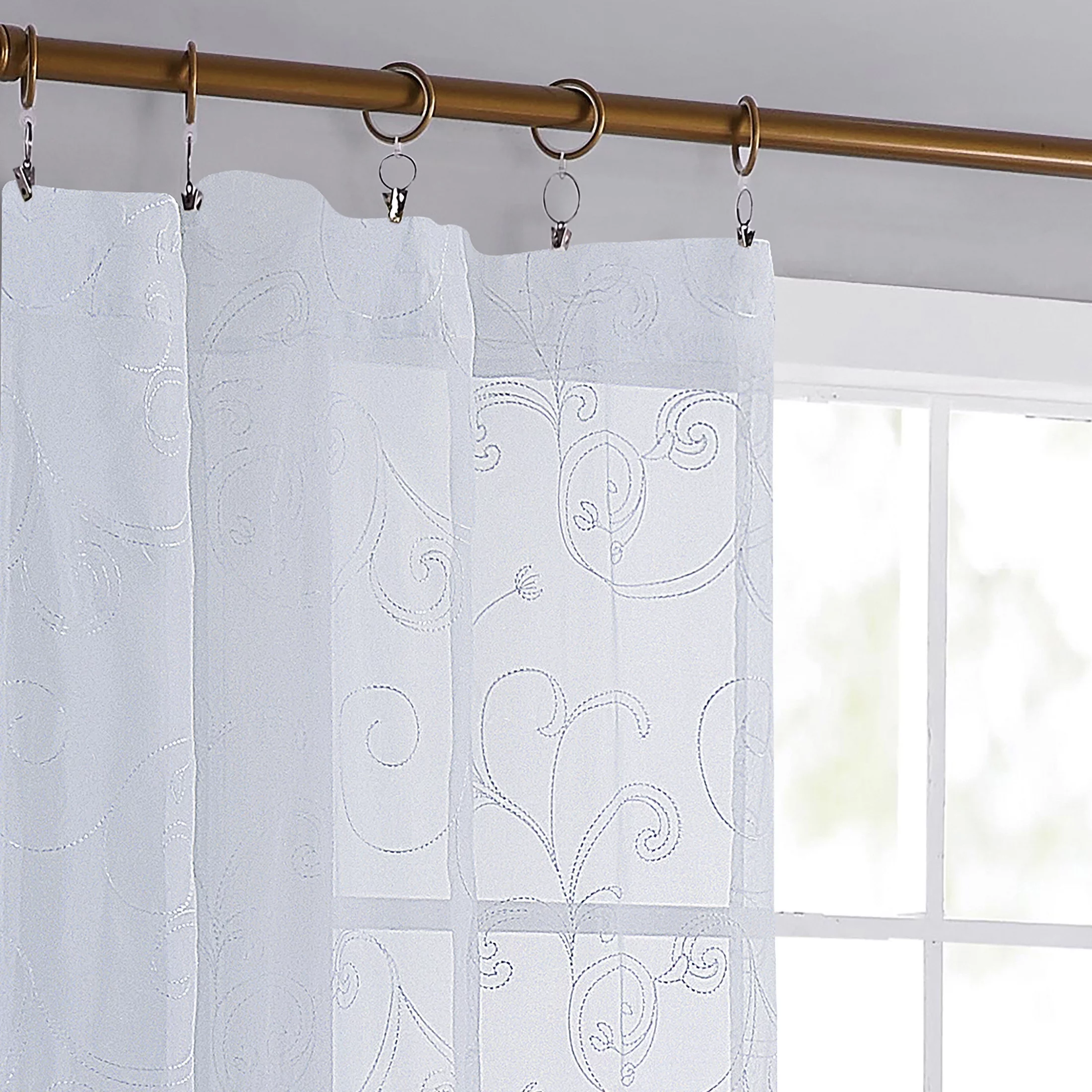 Mainstays Embroidered Scroll Rod Pocket Sheer Curtain Panel, White/White, 38″ x 84″