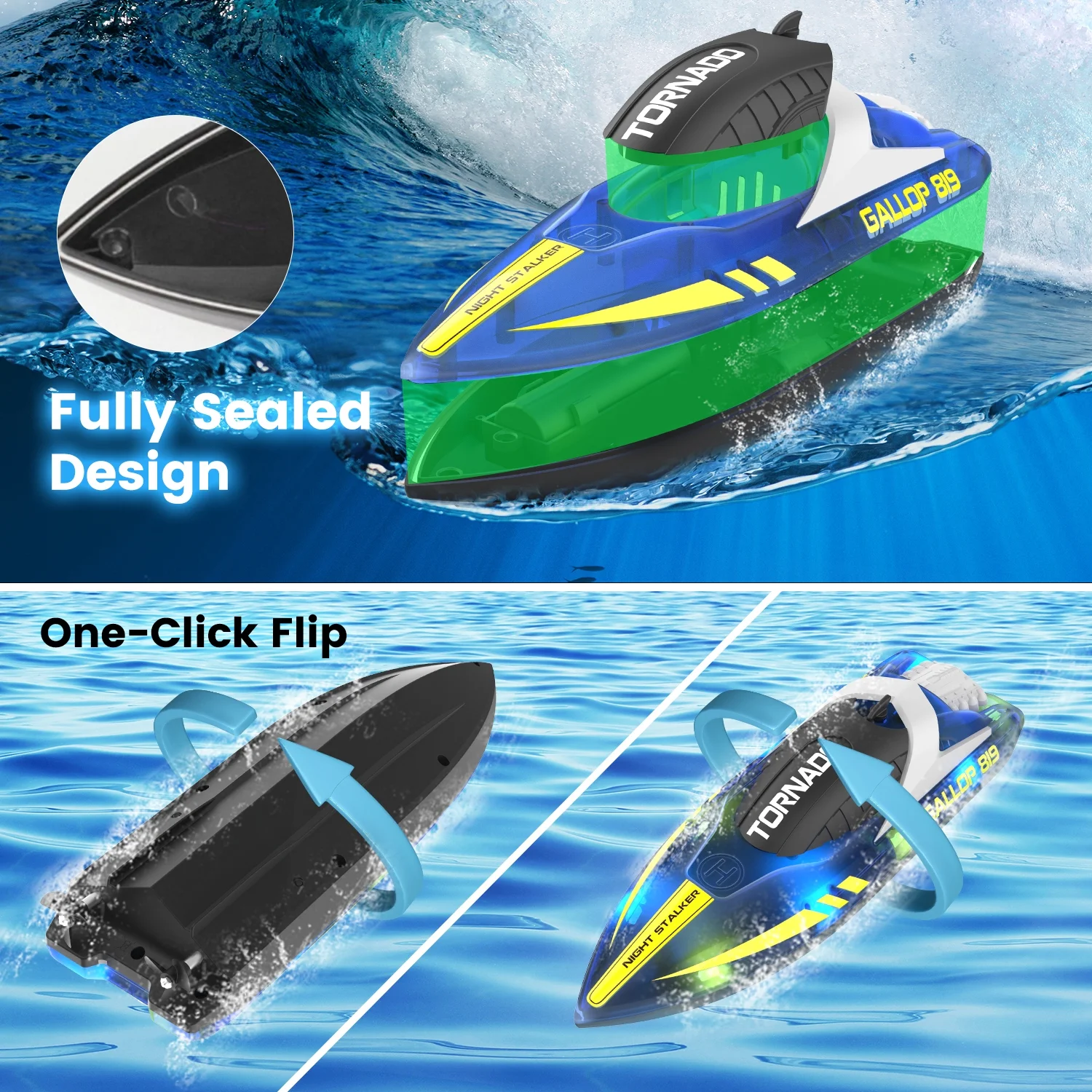 JoyStone RC Boat for Pools and Lakes, 2.4G 15+ MPH Fast Remote Control Boat with LED Lights, Racing Boats for Kids & Adults with 2 Rechargeable Battery,Gifts for Boys Girls (Blue)