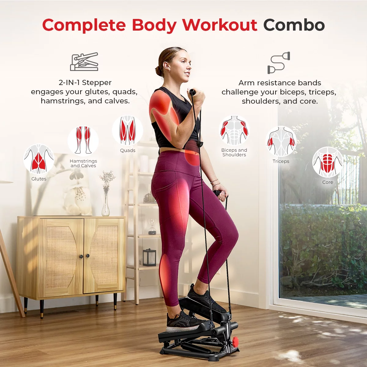 Sunny Health & Fitness Total Body Smart 2-in-1 Stepper Machine, Total Body Workout, Resistance Bands w Optional Smart SunnyFit App