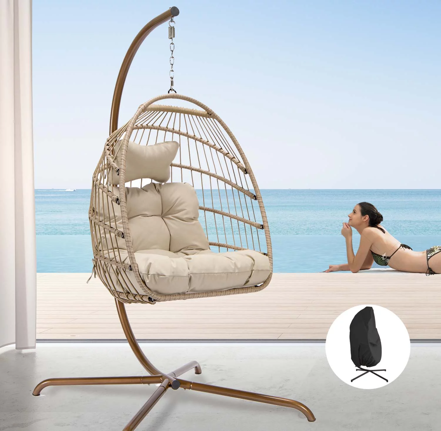 Nicesoul Foldable PE Wicker Brown Hanging Egg Chair With Stand Swing Chair With Cushion and Pillow Capacity 350lbs