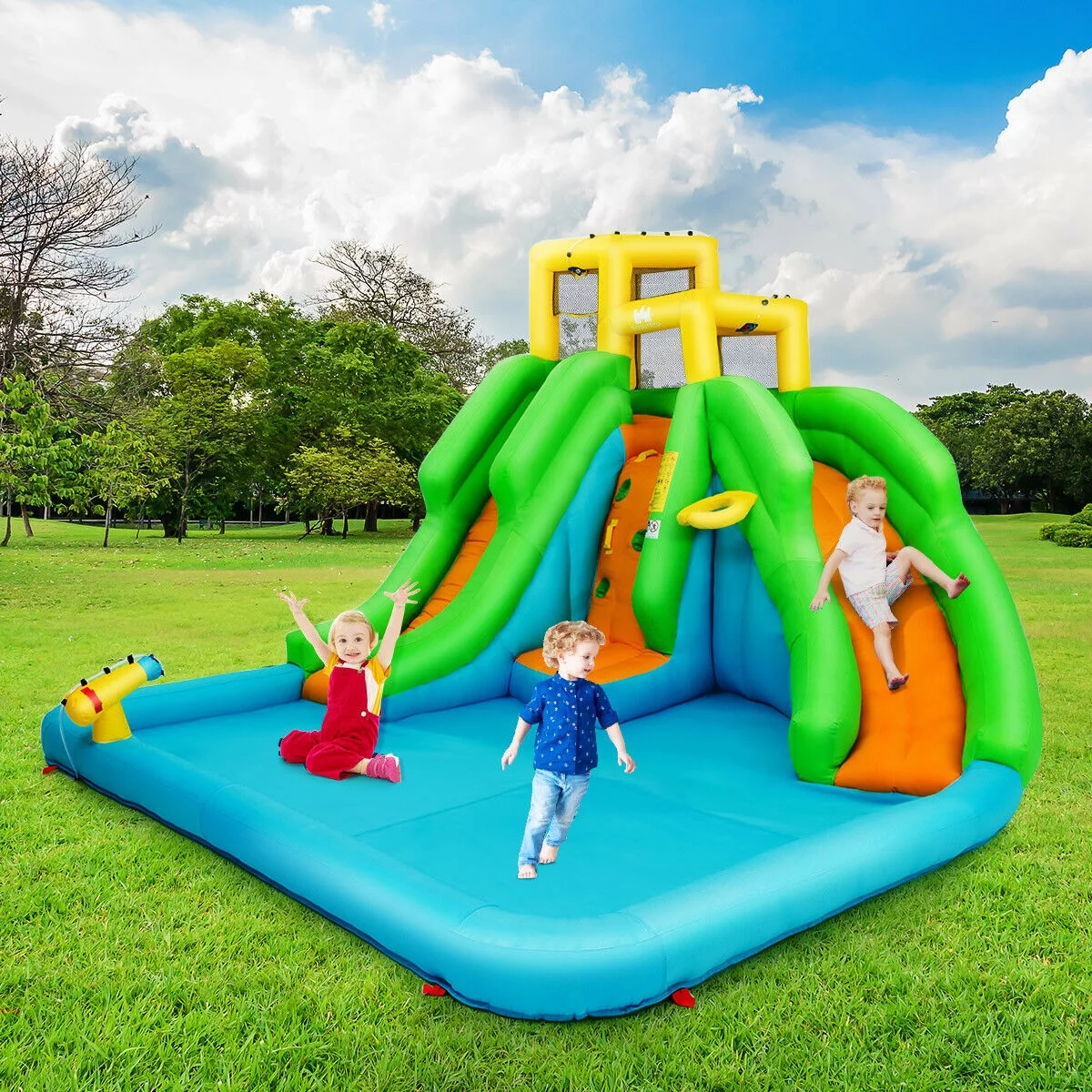 Gymax Kids Inflatable Water Park Bounce House 2 Slide w/Climbing Wall