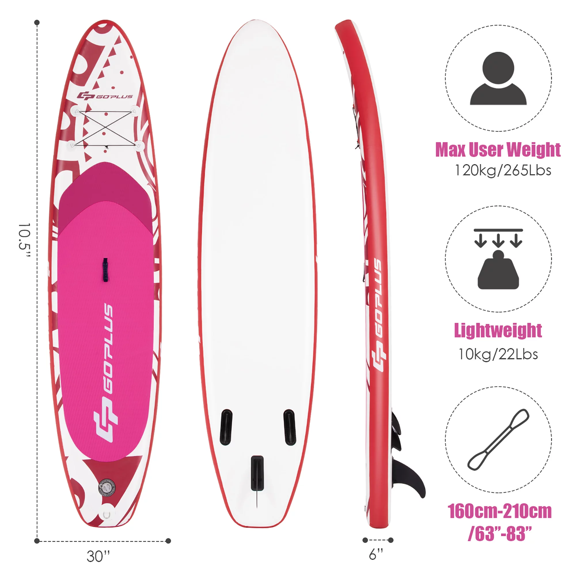 Goplus 10.5′ Inflatable Stand Up Paddle Board SUP W/Carrying Bag Aluminum Paddle Pink