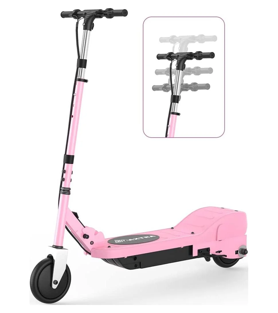 Maxtra Folding Electric Scooter, Adjustable Handlebar for Kids Ages 6-12, 60 Min Run Time Pink