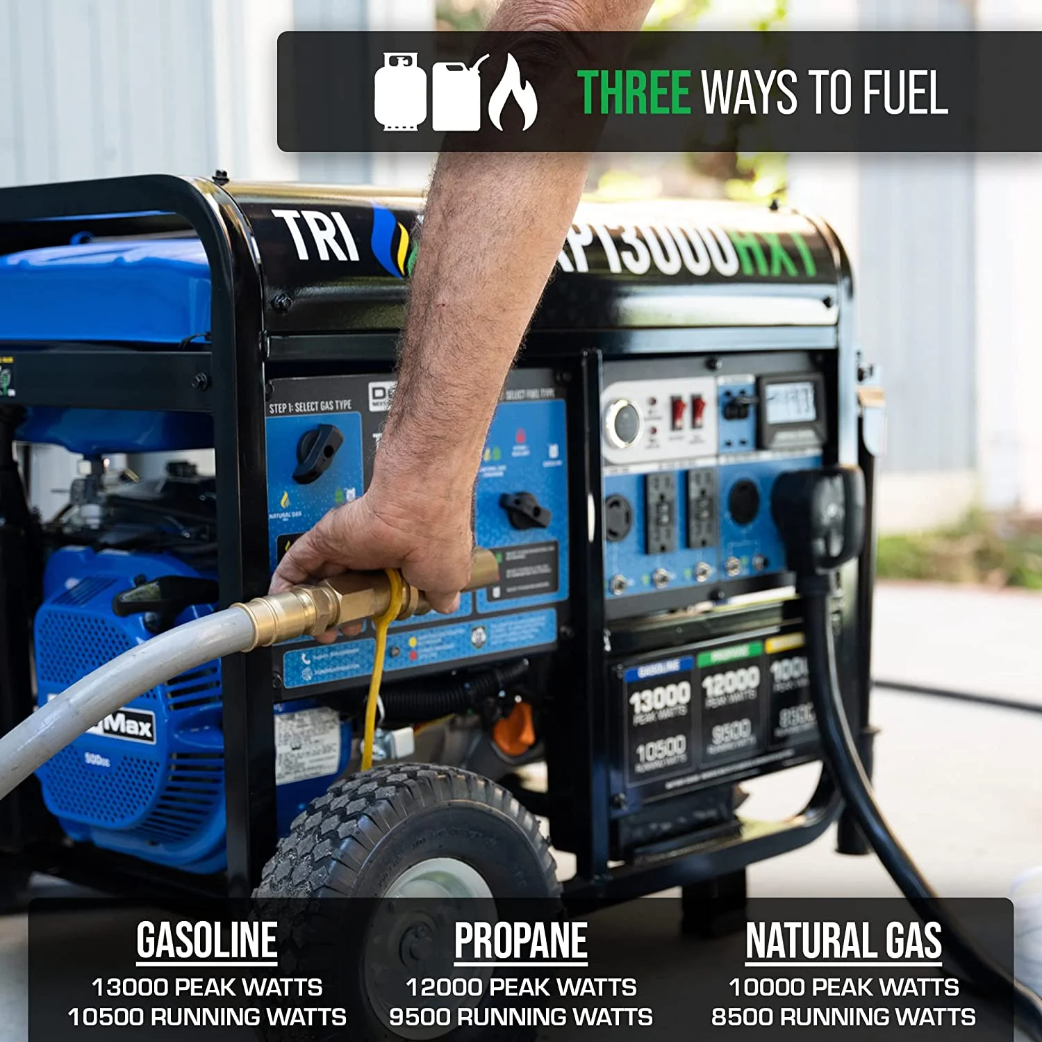 DuroMax XP13000HXT 13,000 Watt Electric Start Tri-Fuel Natural Gas/Propane/Gas Powered Portable Generator w/ CO Alert