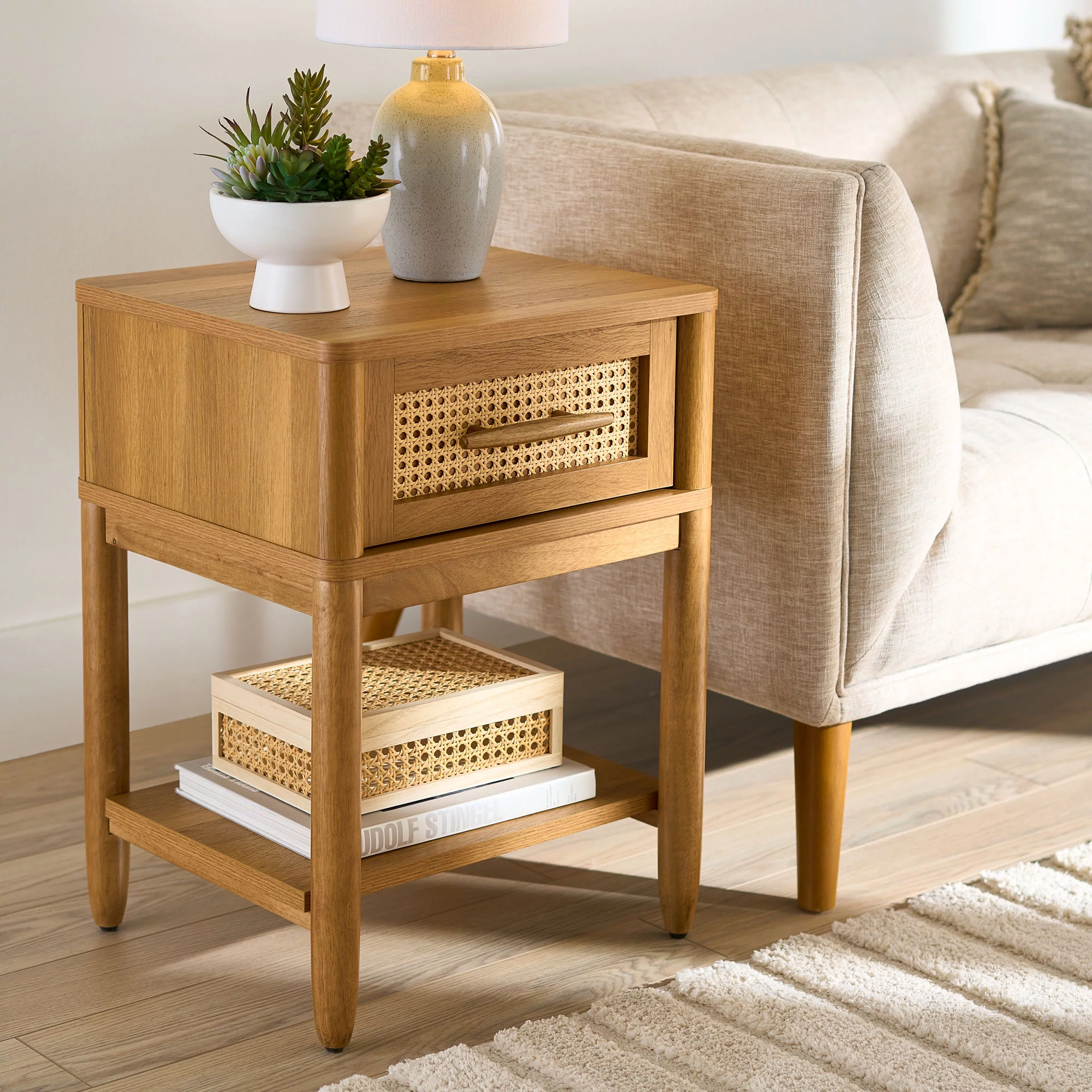 Better Homes & Gardens Springwood Caning Nightstand, Light Honey Finish