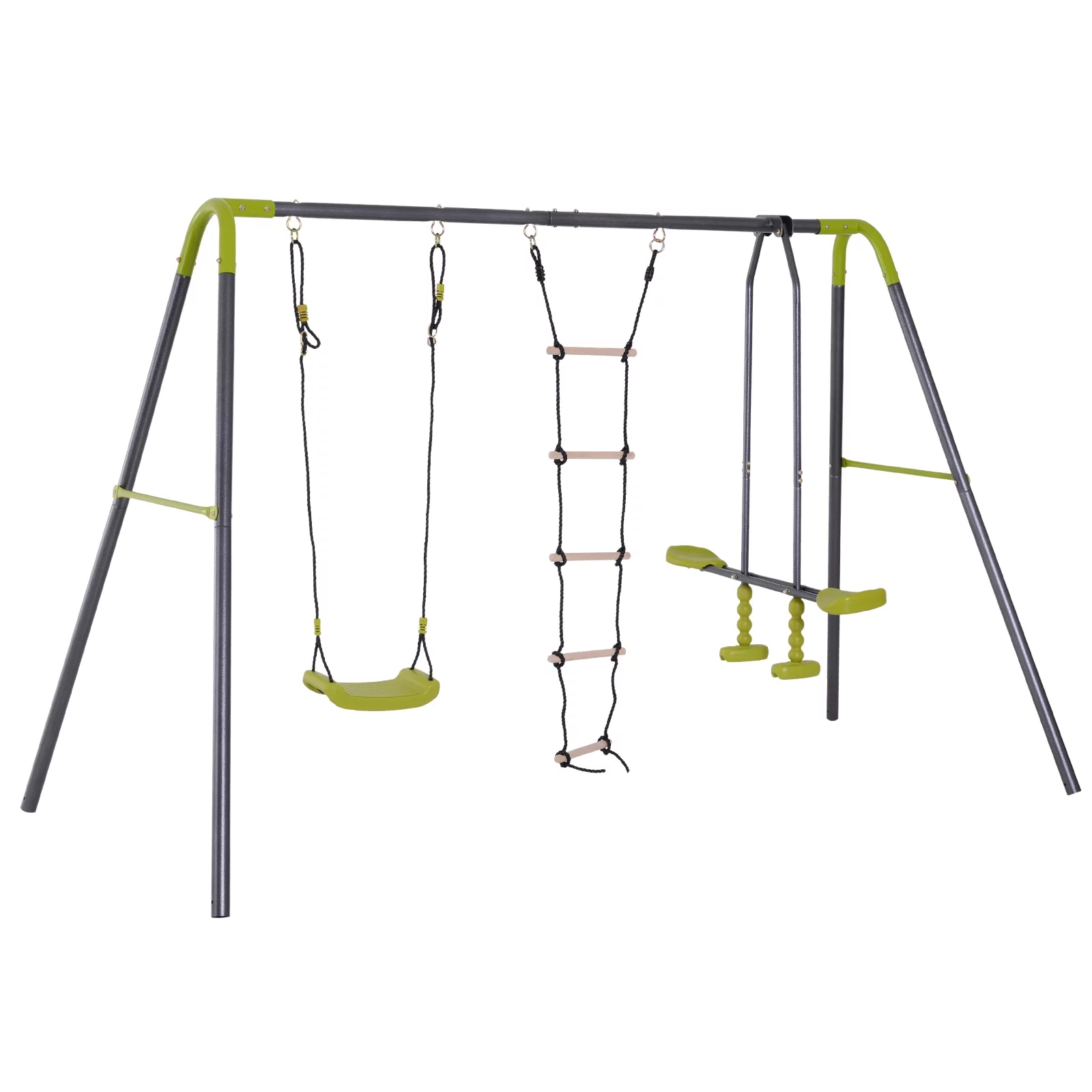 HOMCOM 3 in 1 Kids Metal Swing Set for Backyard with Swing Seat, Glider and Climbing Ladder, Heavy Duty Metal Frame for 4 Children