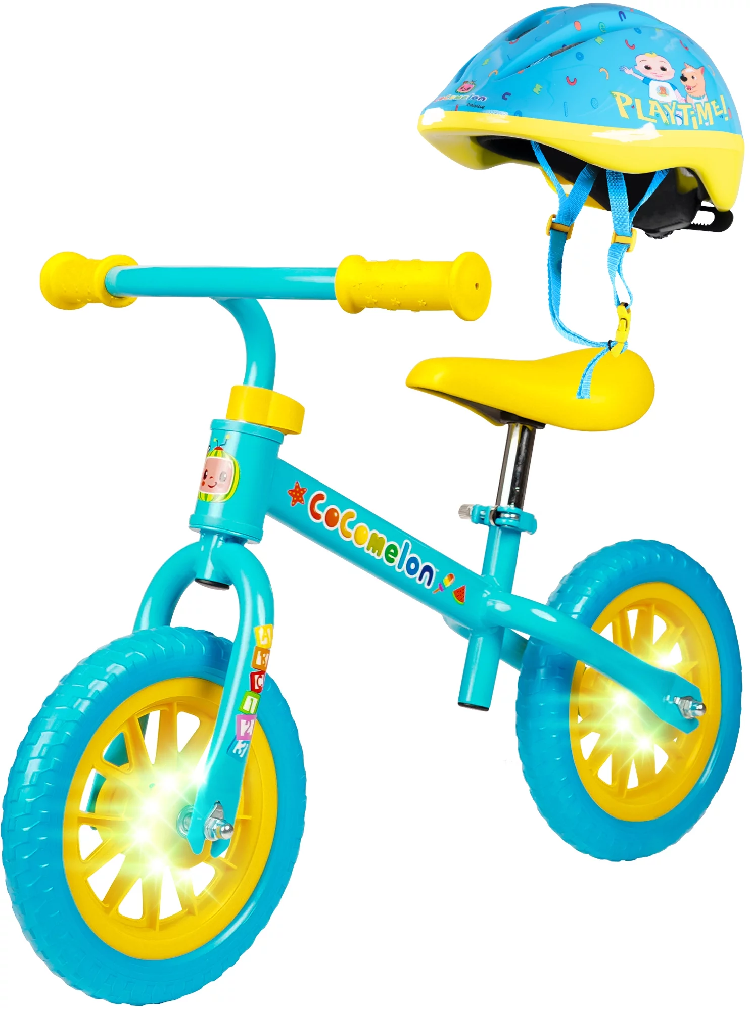 Cocomelon Toddlers Balance Bike Adjustable Helmet Light-up 10″ Wheels Lightweight Trainer Blue