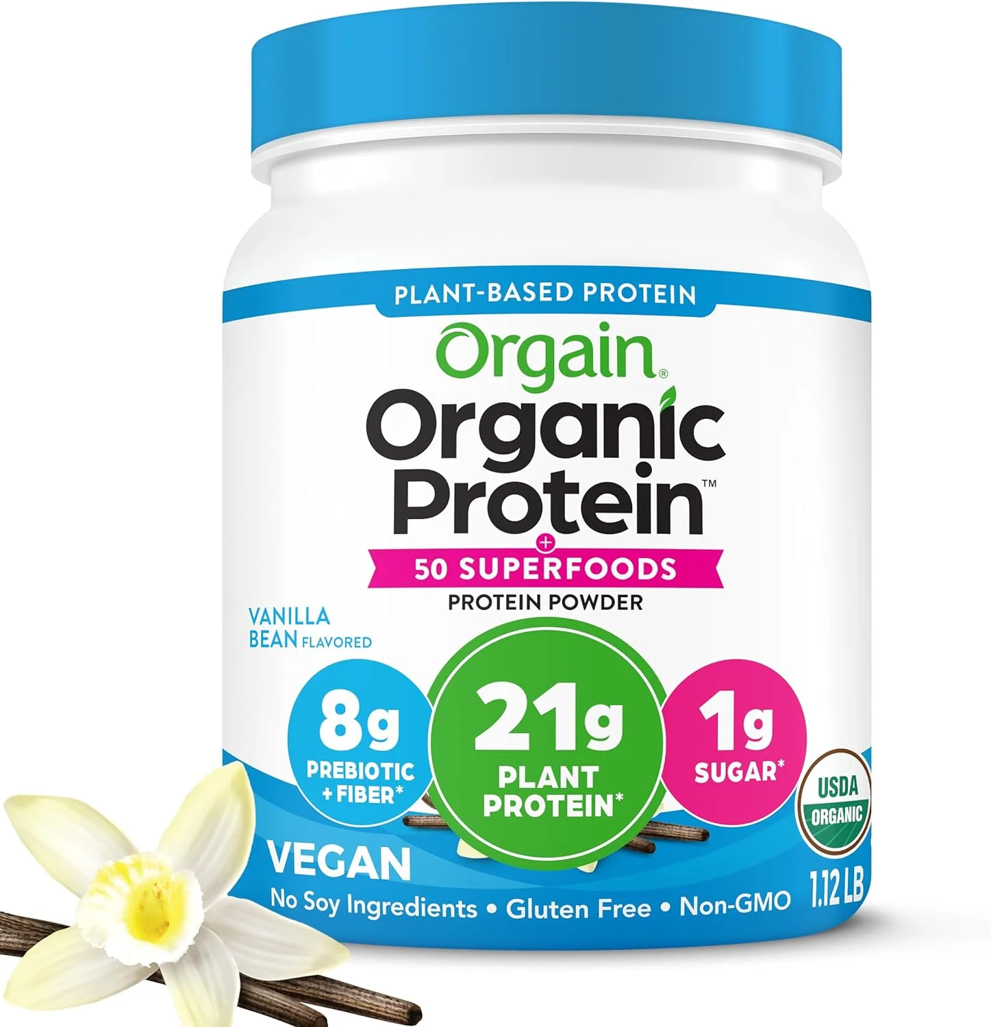 Orgain Organic Plant Based Protein + Superfoods Powder, Vanilla Bean, 21g Protein, 1.12 lb