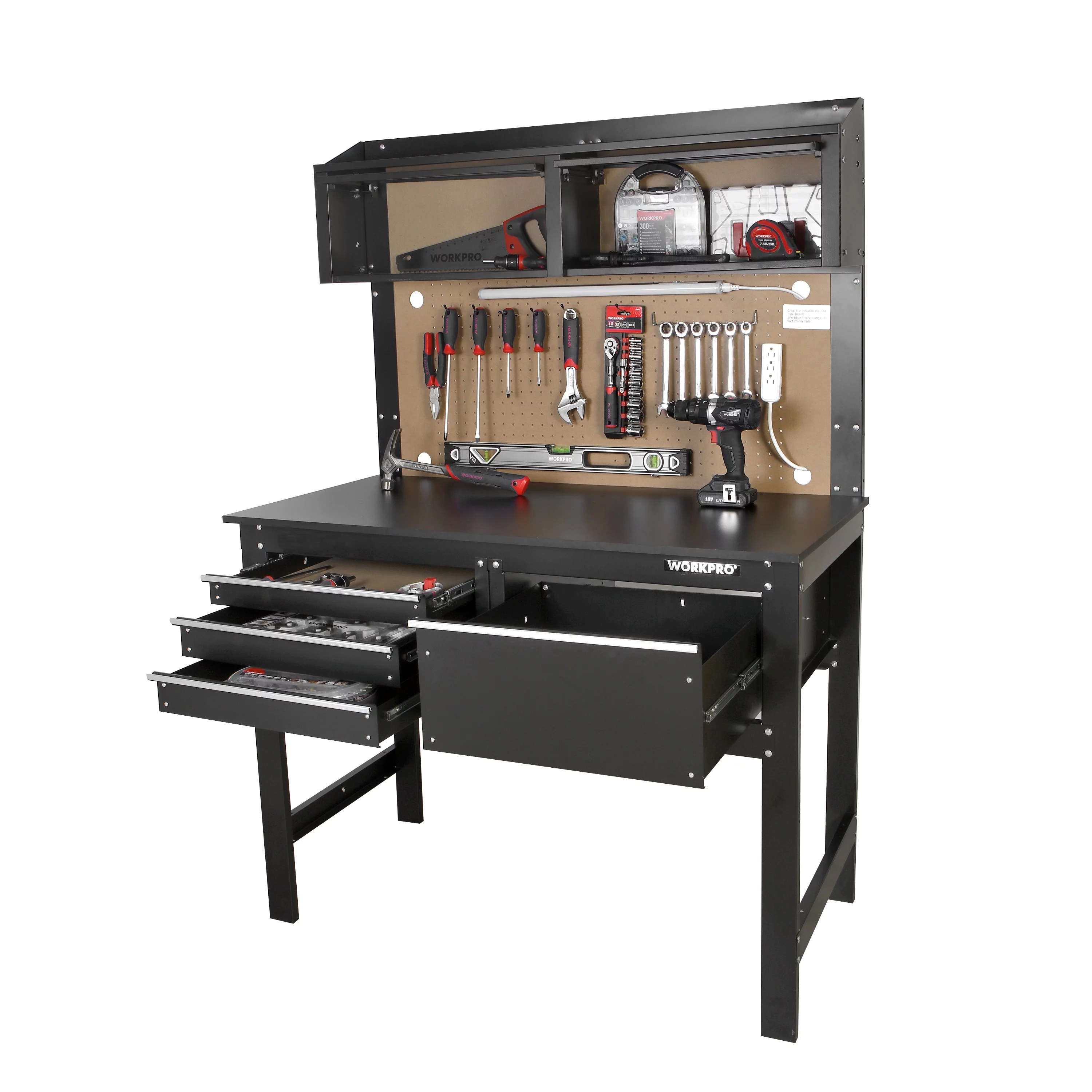 WORKPRO 2-in-1 48-inch Workbench and Cabinet Combo with Light, Steel, Wood