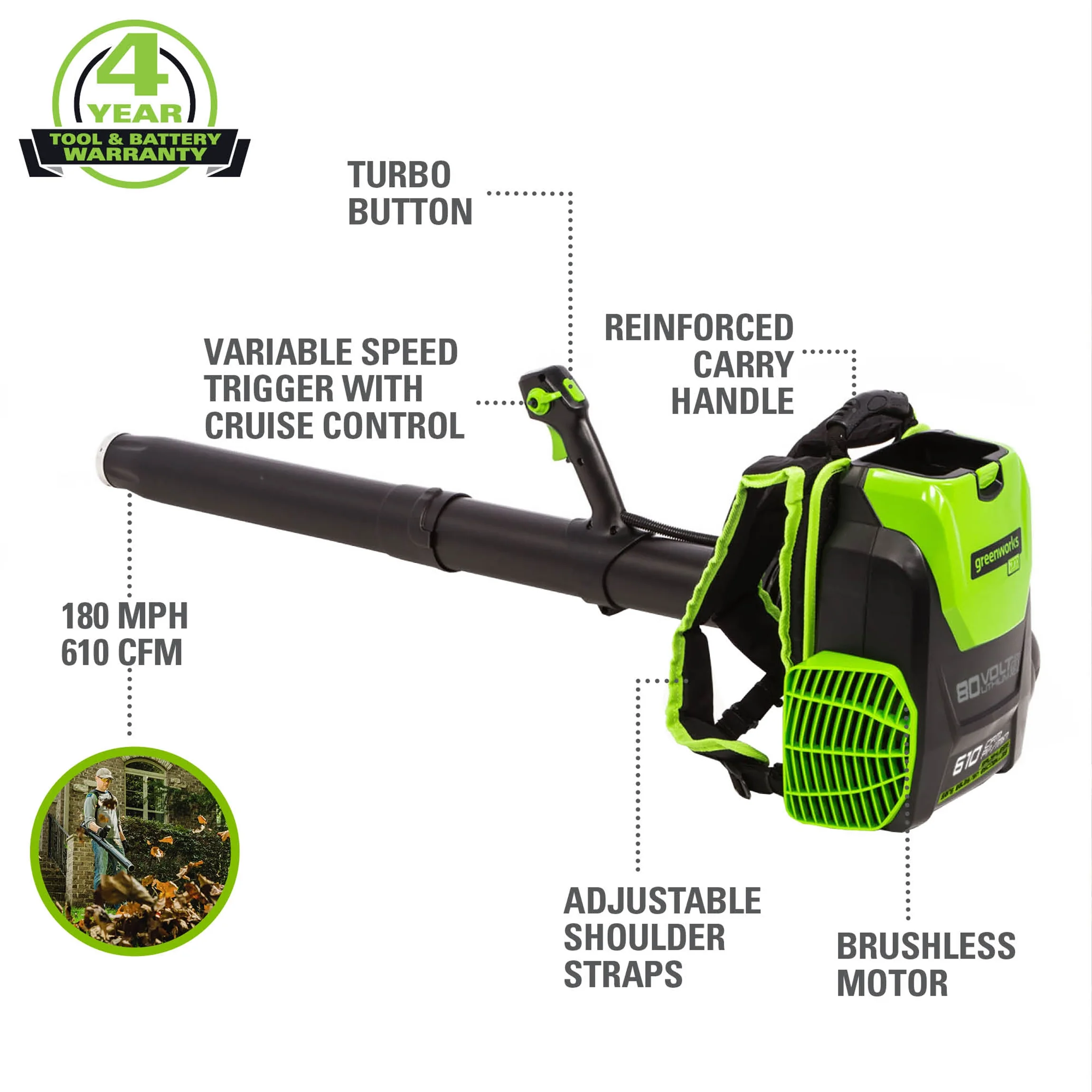 Greenworks 80V 580 CFM Cordless Brushless Backpack Blower, Battery Not Included, 2403802