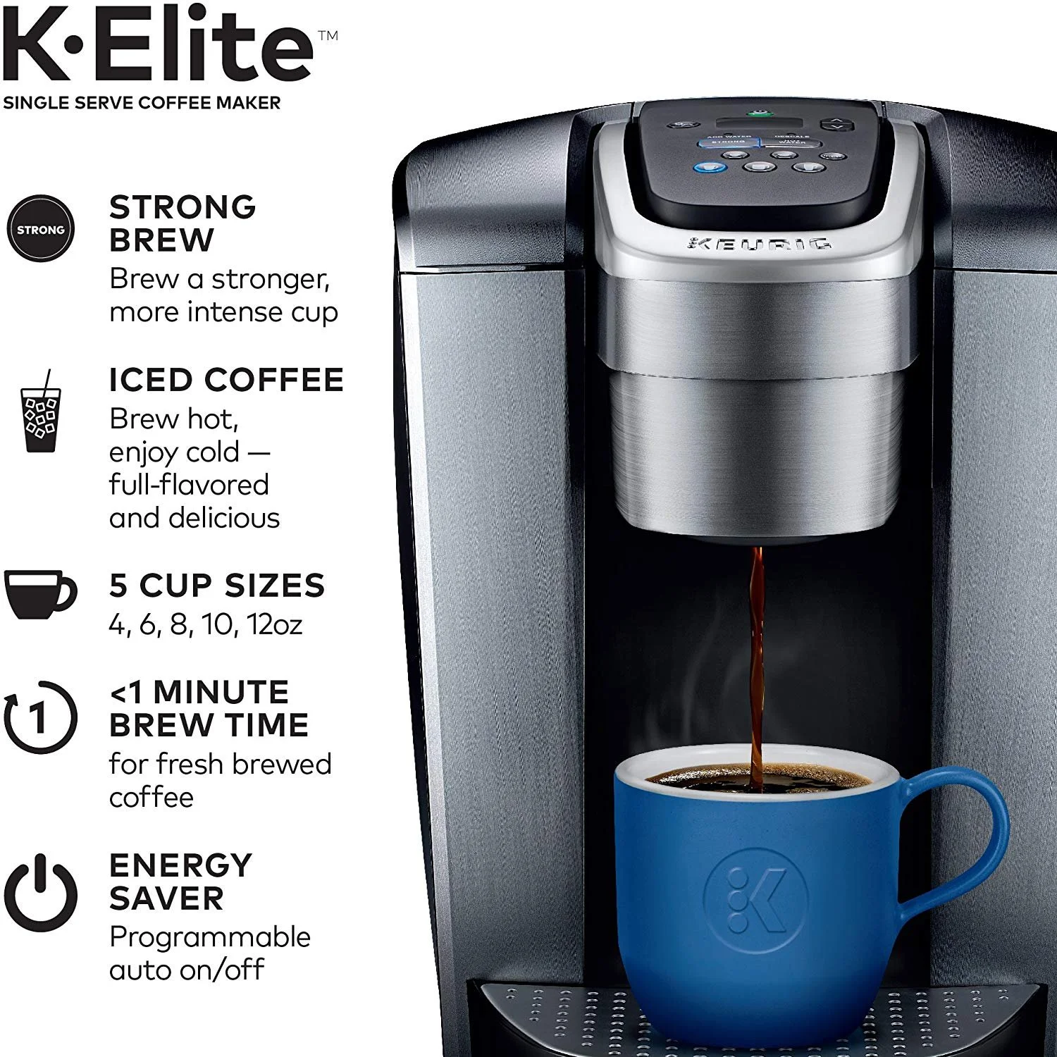 Keurig K-Elite Coffee Maker, Single Serve K-Cup Pod Coffee Brewer, With Iced Coffee Capability, Brushed Silver