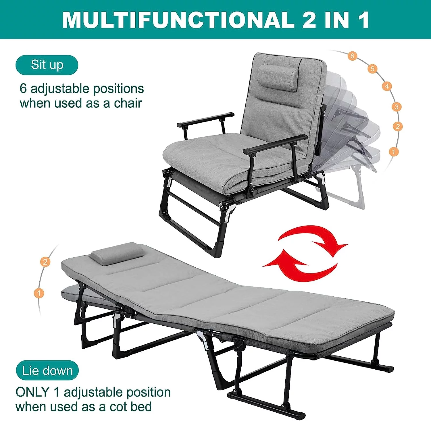 Slsy 3 in 1 Folding Camping Cot Bed with Mattress & Pillow, Adjustable 6-Position Folding Lounge Chair, Folding Cot Bed