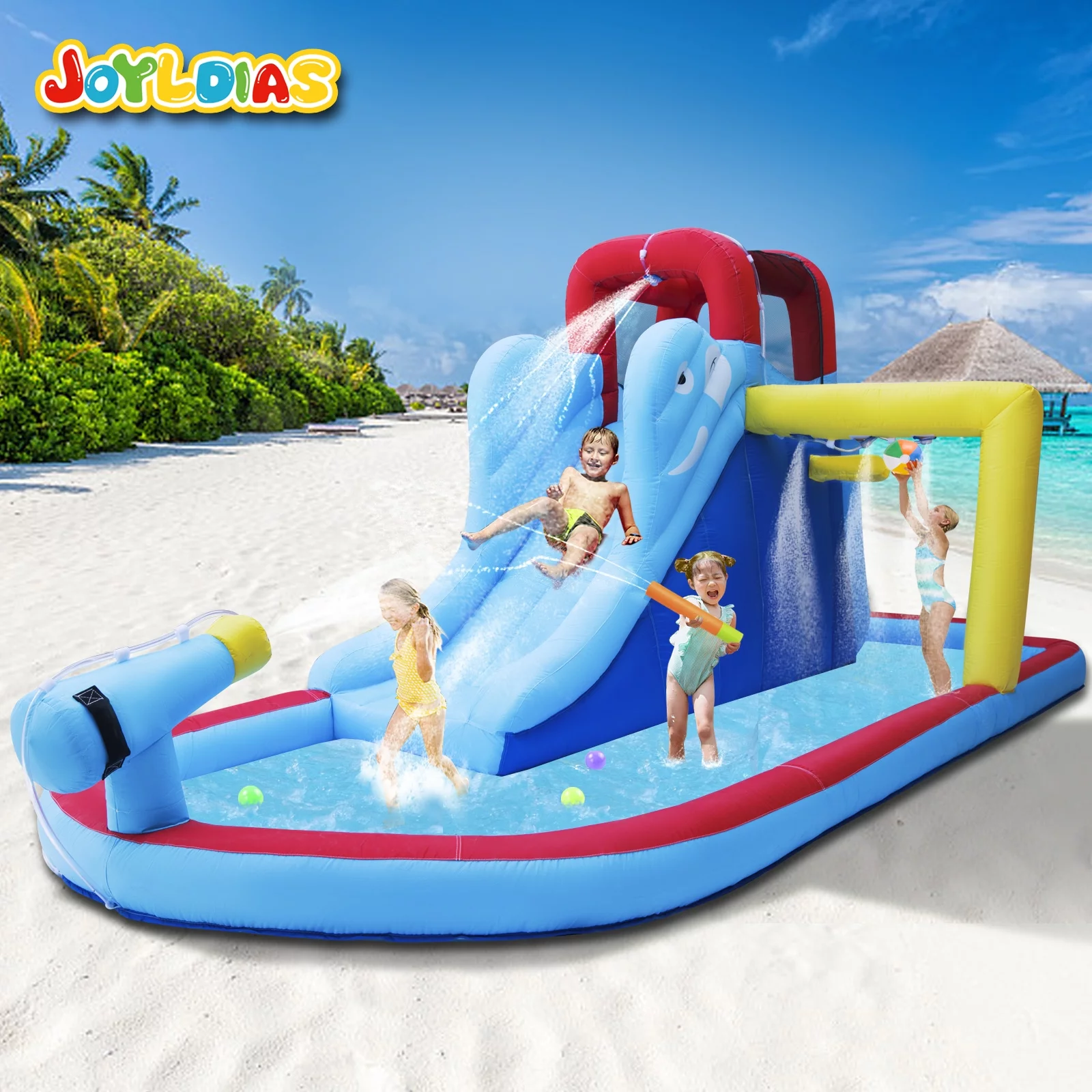 JOYLDIAS Kids Inflatable Water Slide Bouncer Playhouse Castle with 3 Water Guns, Splash Pool, Climbing Wall, Basketball Hoop, Bag, Air Blower