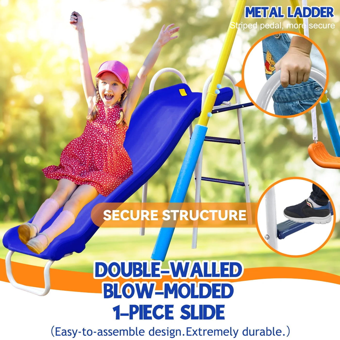 Swing Sets for Backyard with Slide, Basketball Hoop, Two Swing Seats and Gymnastics Rings, Playground Set for Kids Outdoor