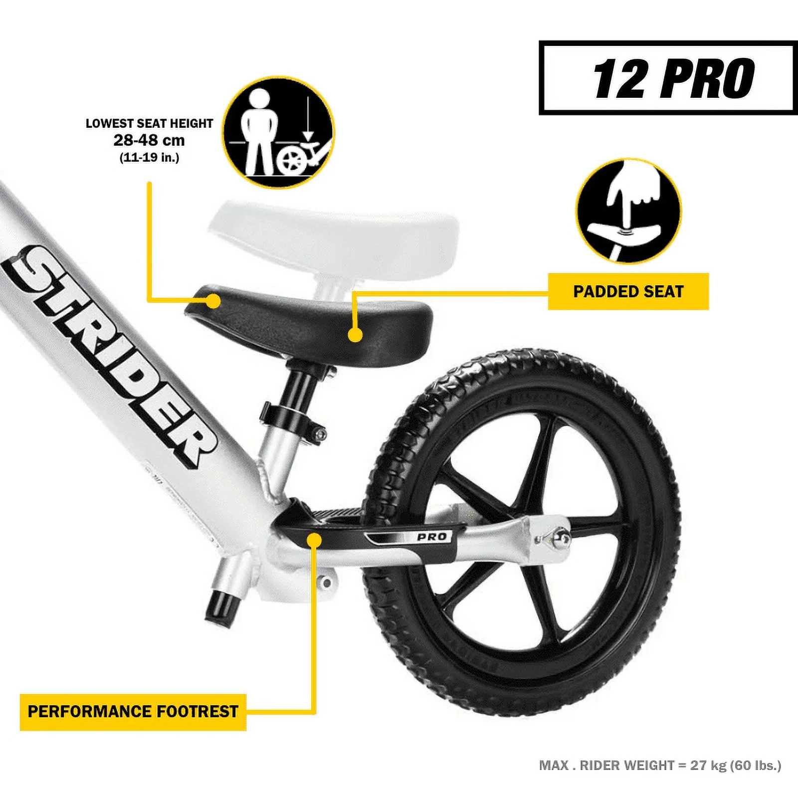 Strider – 12 Pro Balance Bike for Toddlers, Ages 18 Months to 5 Years – Silver