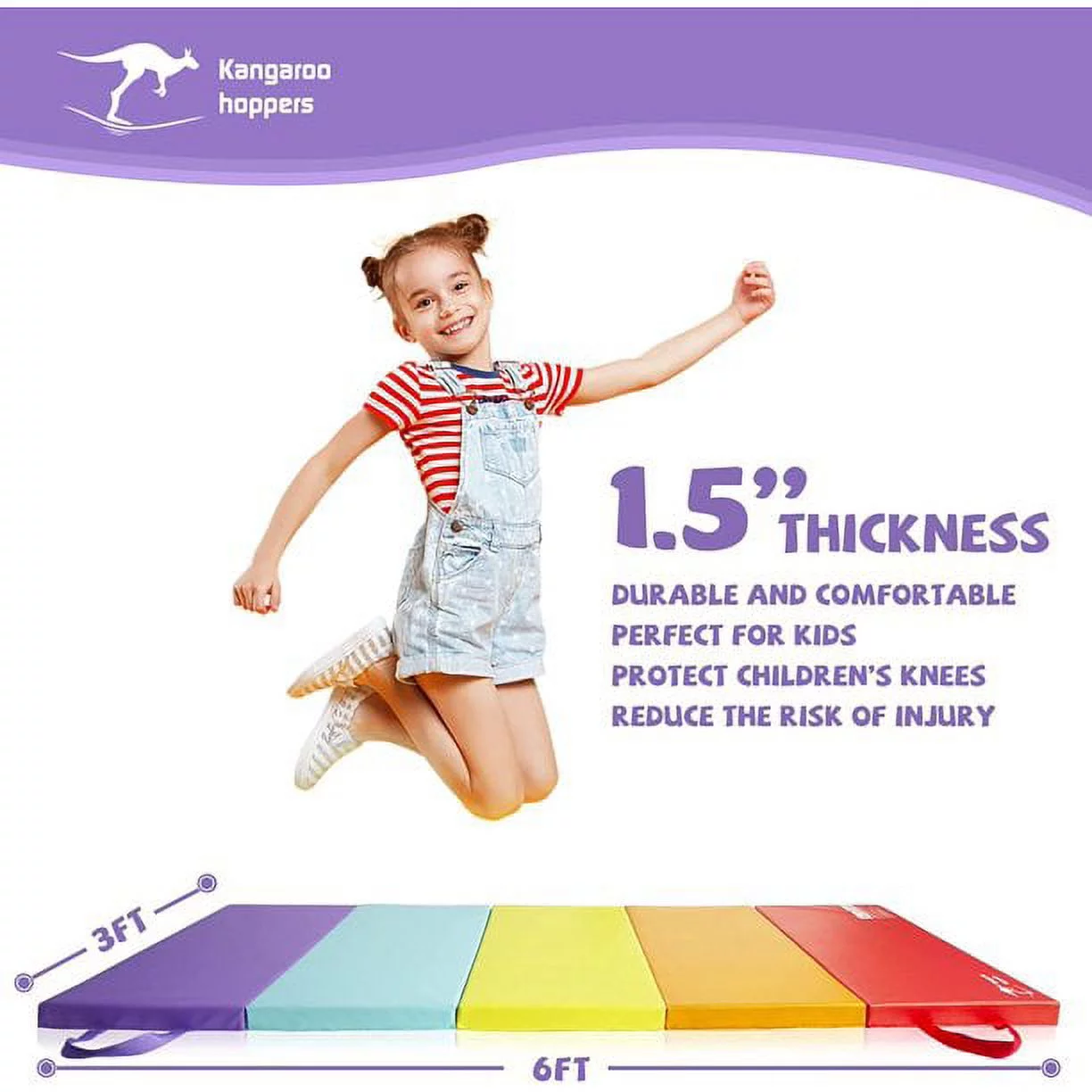 Kangaroo Hoppers 3′ x 6′ Kids Gymnastics Mat, Rainbow Tumbling Mats with Carrying Handles, 1.5″ Thickness