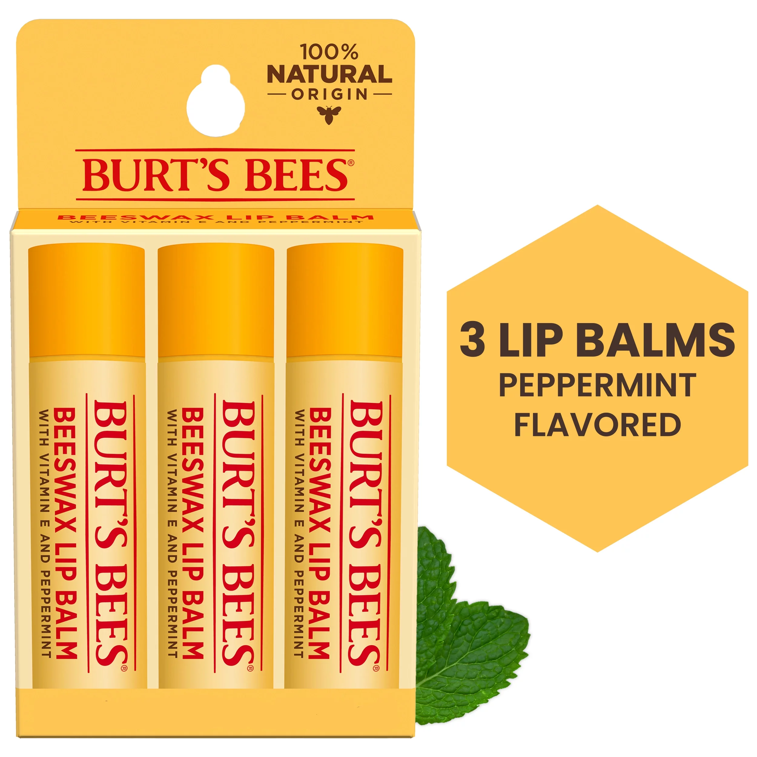 Burt’s Bees 100% Natural Moisturizing Lip Balm with Beeswax, Vitamin E & Peppermint Oil, 3 Count