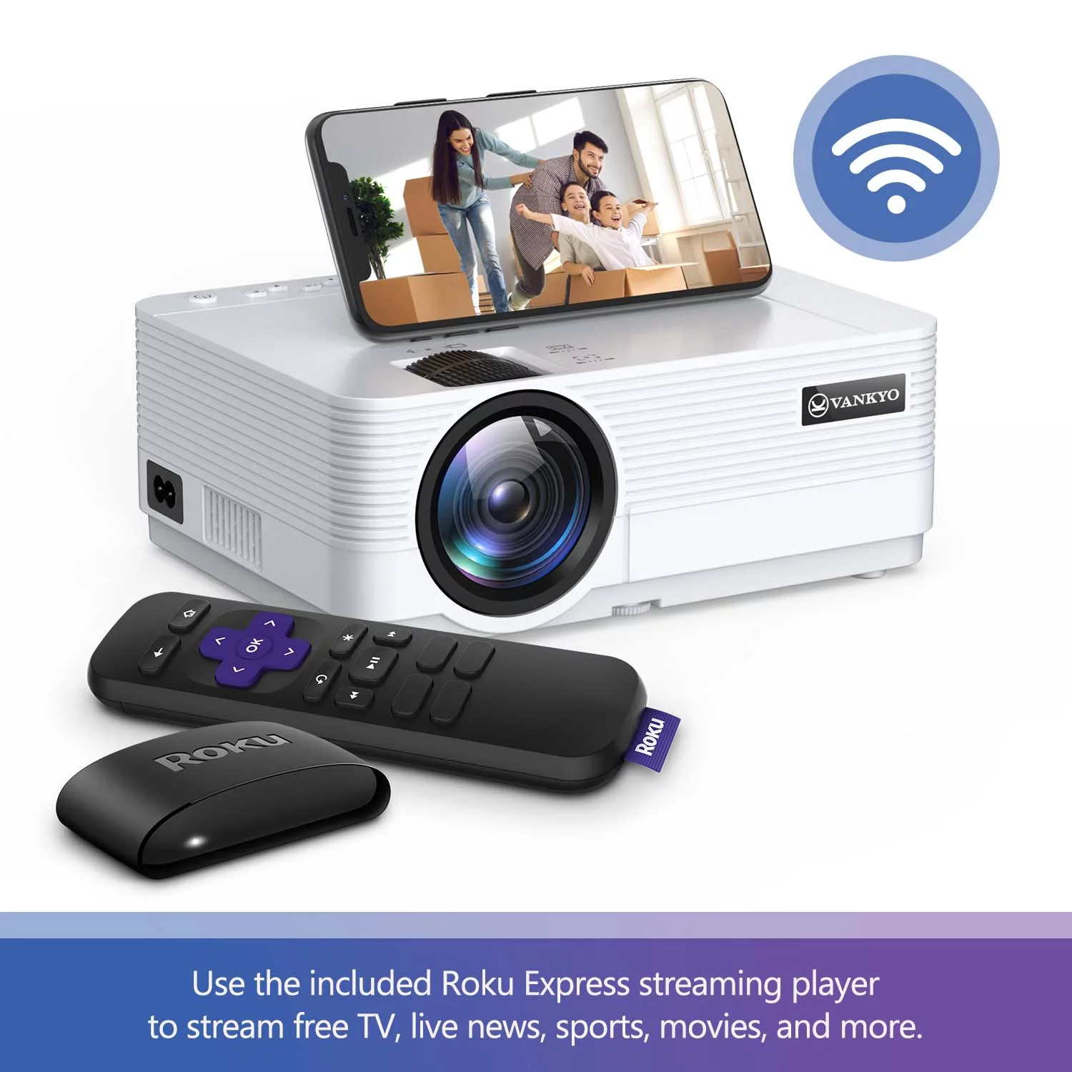 VANKYO Leisure 470 HD Mini Projector with Roku Express Streaming Player, 50000 Hrs LED Life, 240” Display Screen for Home Theater & Outdoor Movies