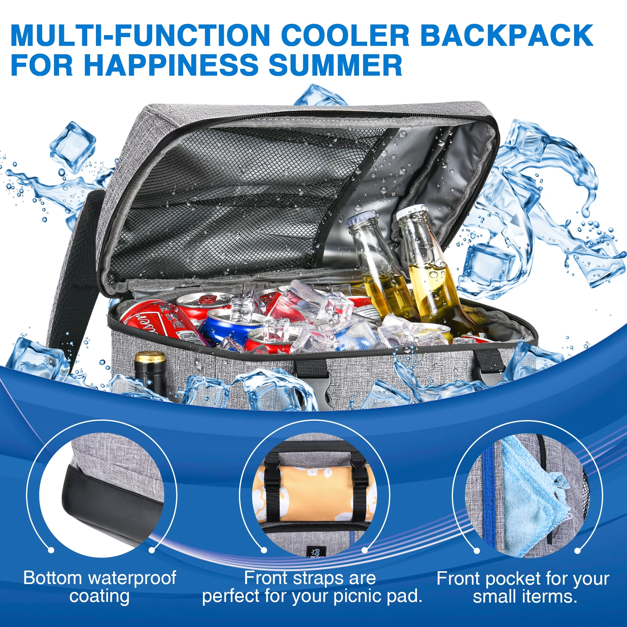 Cooler Backpack with 3 Ice Packs,40 Cans Backpack Cooler Leakproof, Lightweight Travel Cooler Lunch Backpack, Insulated Soft Coolers for Beach, Hiking, Camping, Fishing, Picnic,Gray