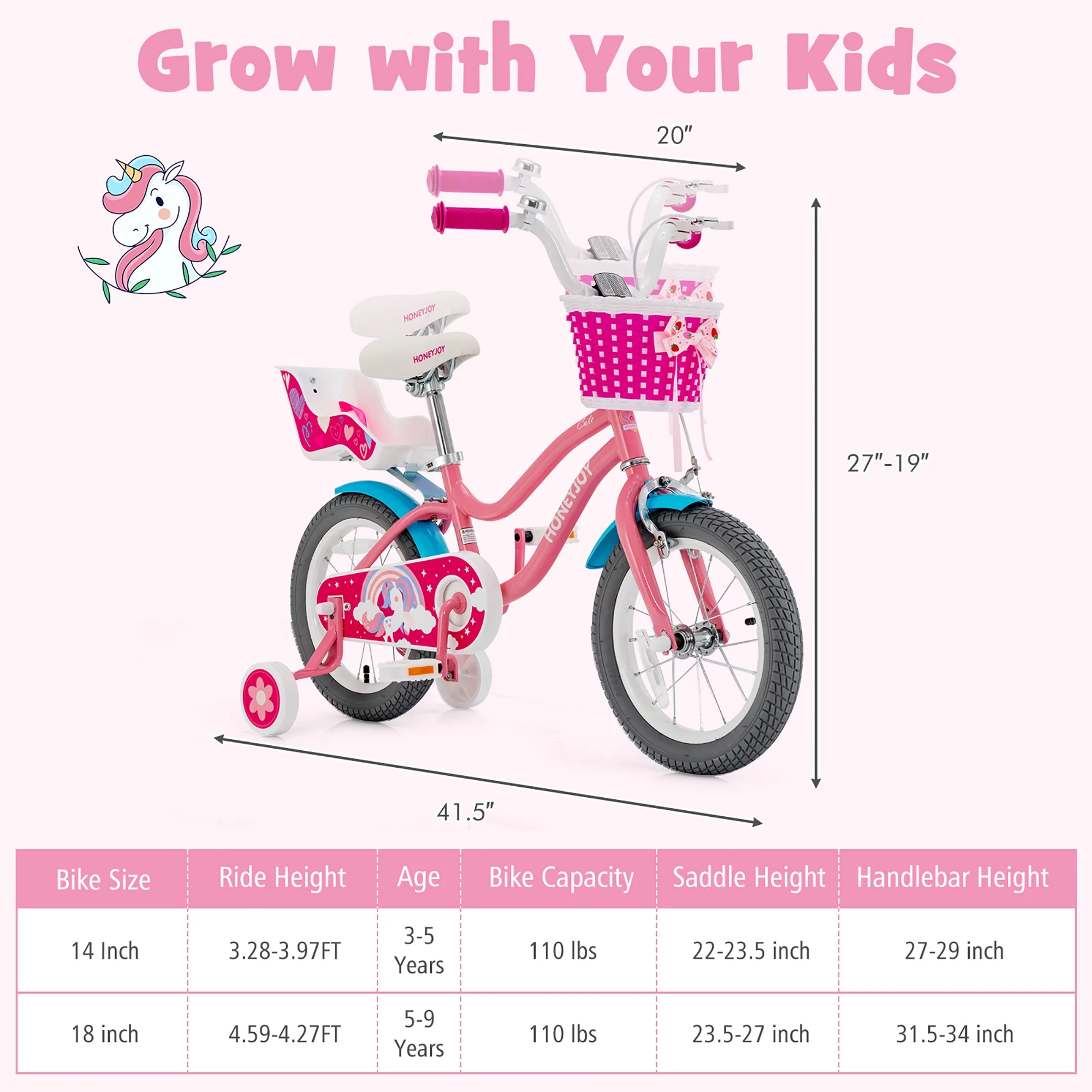 Honeyjoy 14 Inches Kids Bicycle w/Training Wheels & Basket for Boys & Girls Age 3-5 Years